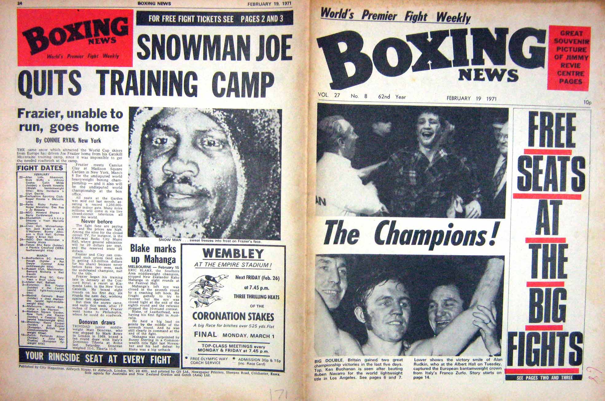 Antique Old Print Boxing 1971 Buchanan Lower Frazier Bugner Drover Cooper 20th
