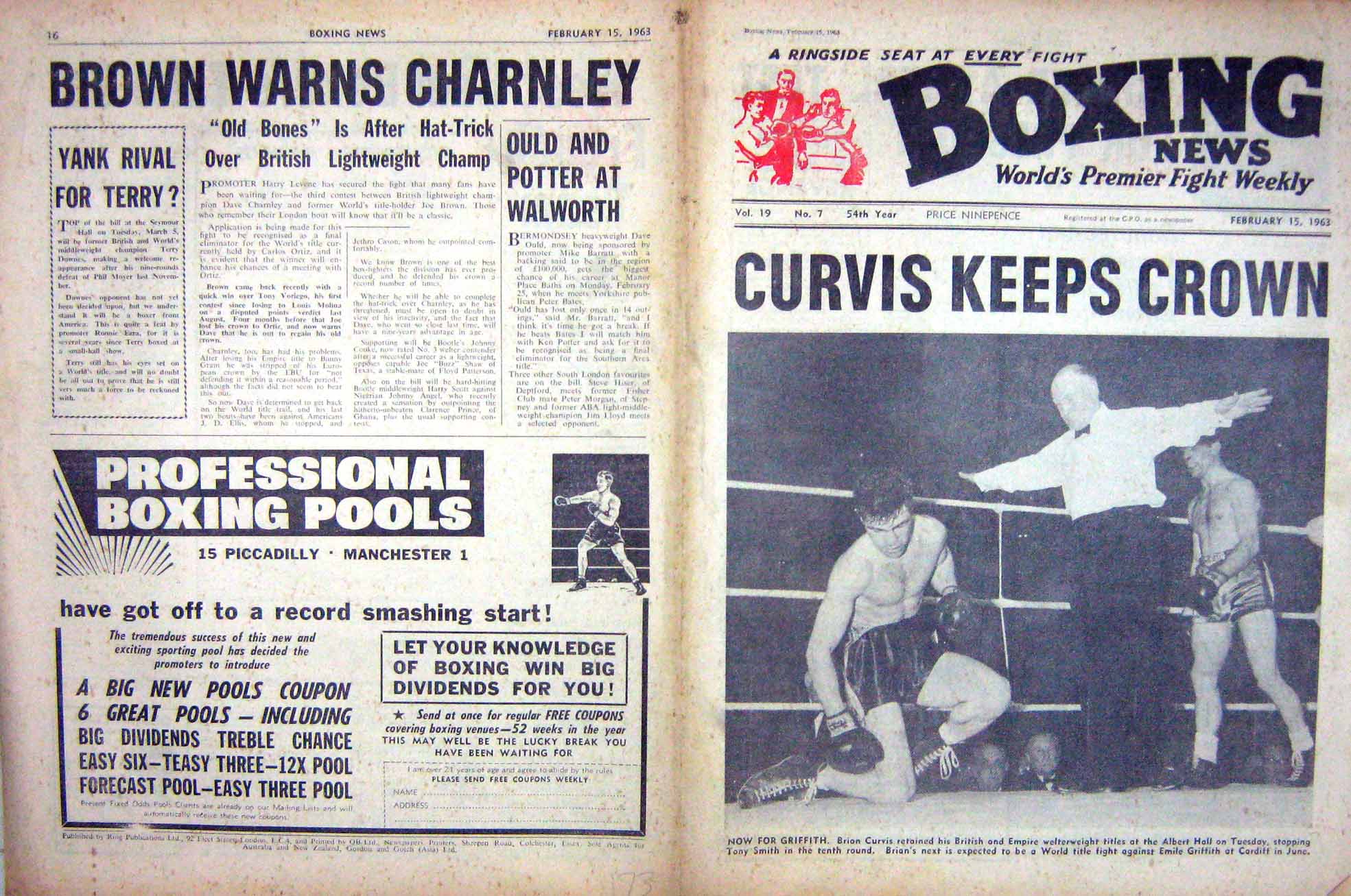 Original Old Vintage Print Boxing 1963 Griffith Curvis Smith Cullen Andreetti