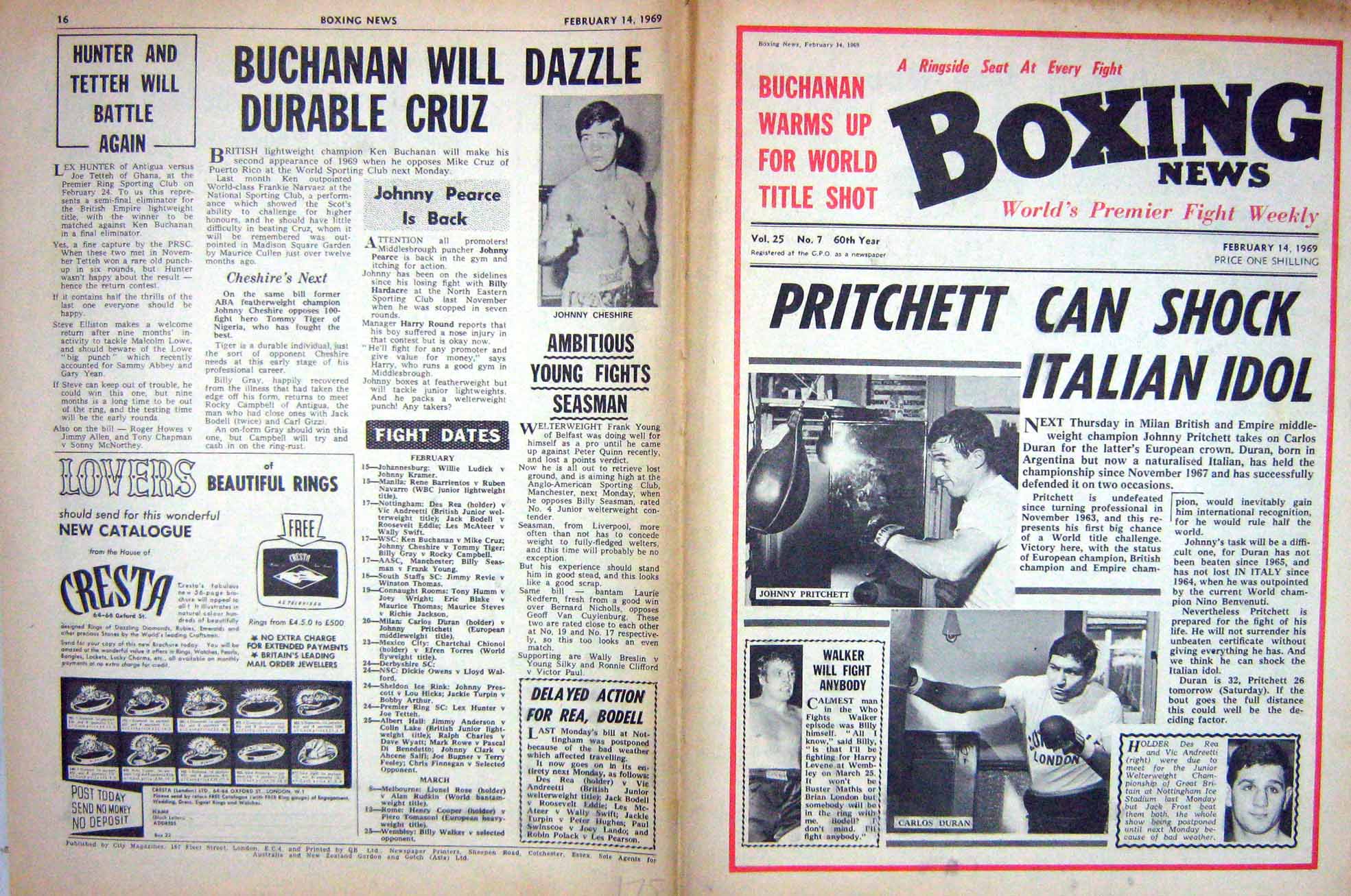 Old Vintage Print Boxing 1969 Pritchett Duran Walker Cheshire Duran Ebu 20th