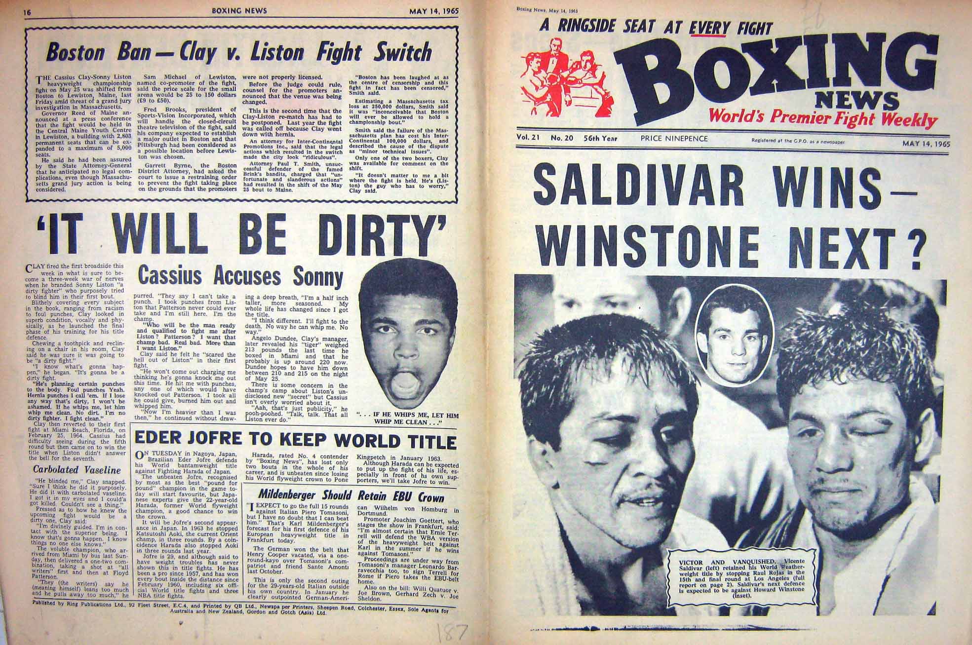 Antique Old Print Boxing 1965 Saldivar Rojas Cassius Clay Starza Marciano 20th