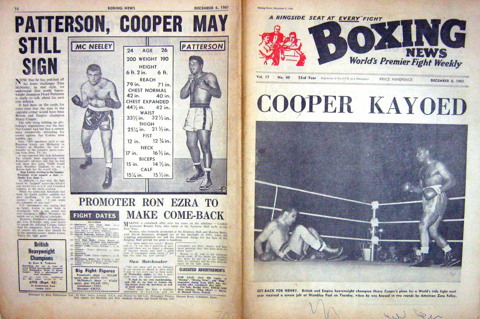 Antique Old Print Boxing 1961 Henry Cooper Folley Patterson Mcneeley Mick 20th