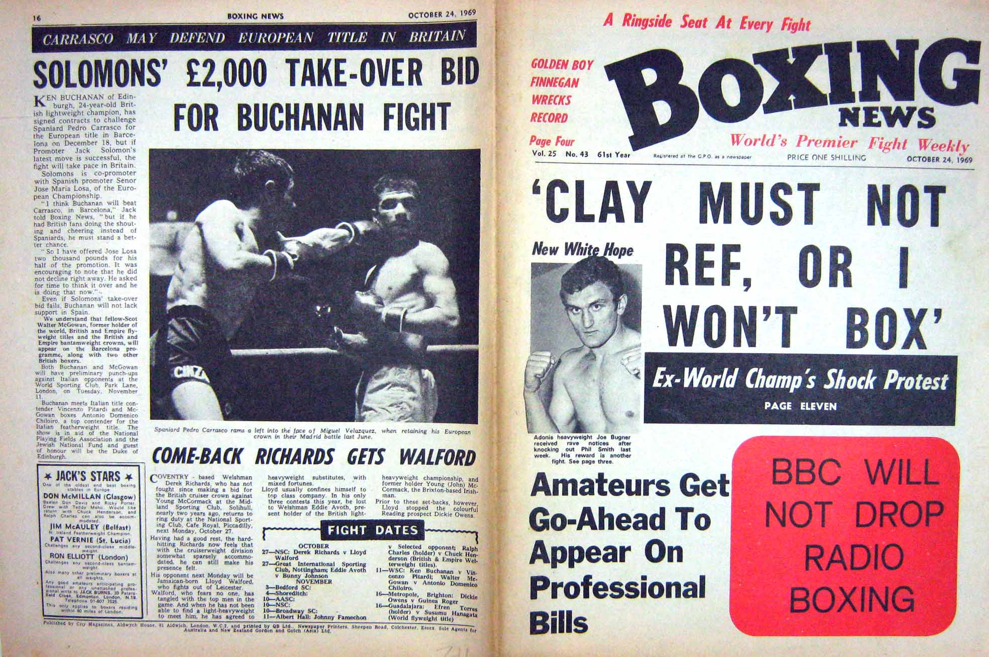 Old Vintage Print Boxing 1969 Joe Bugner Carrasco Velazquez Ken Buchanan 20th