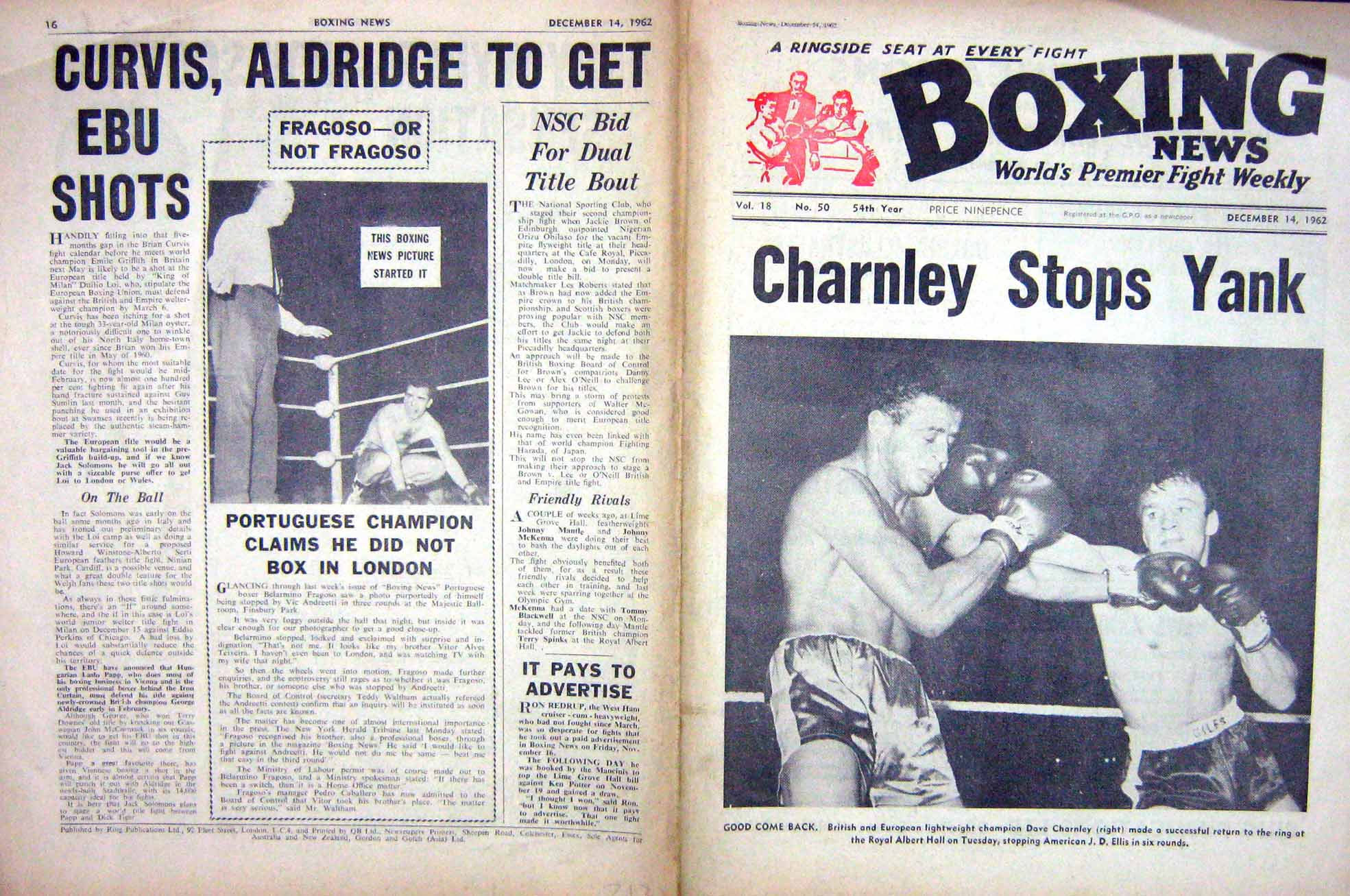 Original Old Vintage Print Boxing 1962 Charnley Ellis Fragoso Andreetti Kramer