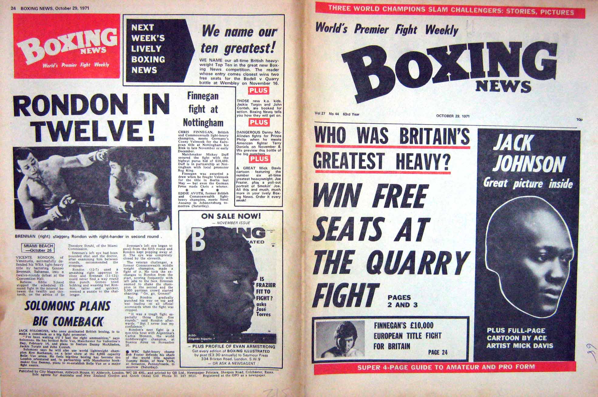 Original Old Vintage Print Boxing 1971 Jack Johnson Finnegan Brennan Rondon