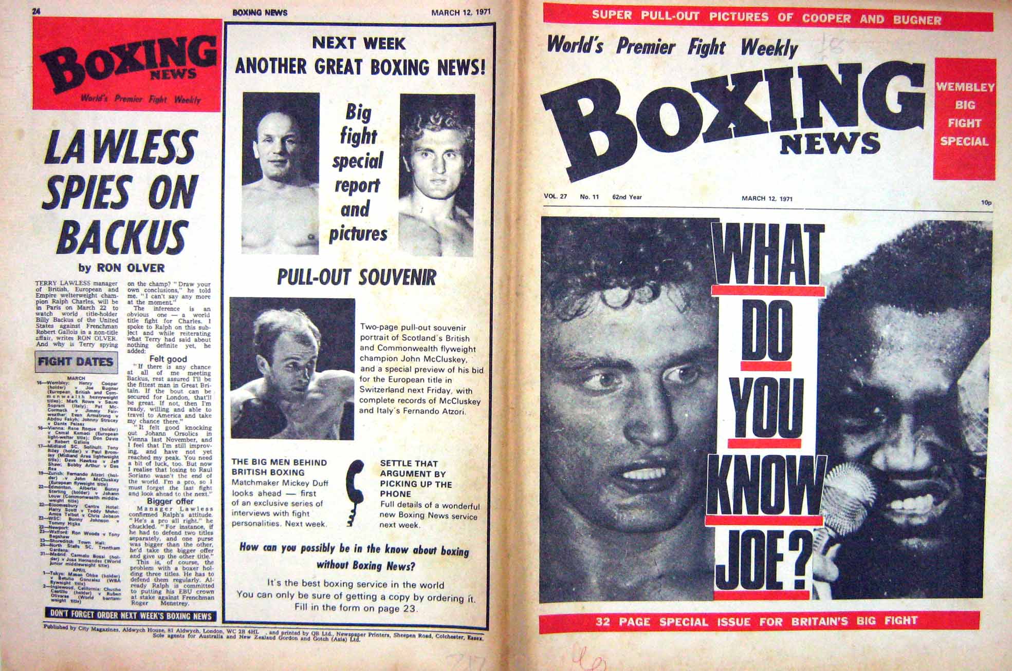 Original Old Vintage Print Boxing 1971 Joe Bugner Henry Cooper Lawless Wembley
