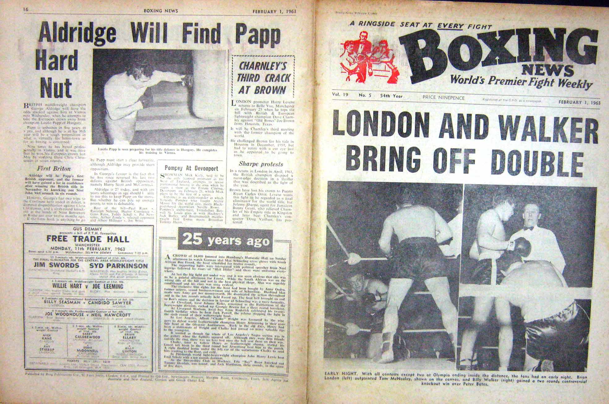 Old Vintage Print Boxing 1963 London Mcneeley Papp Walker Aldridge Cooke 20th