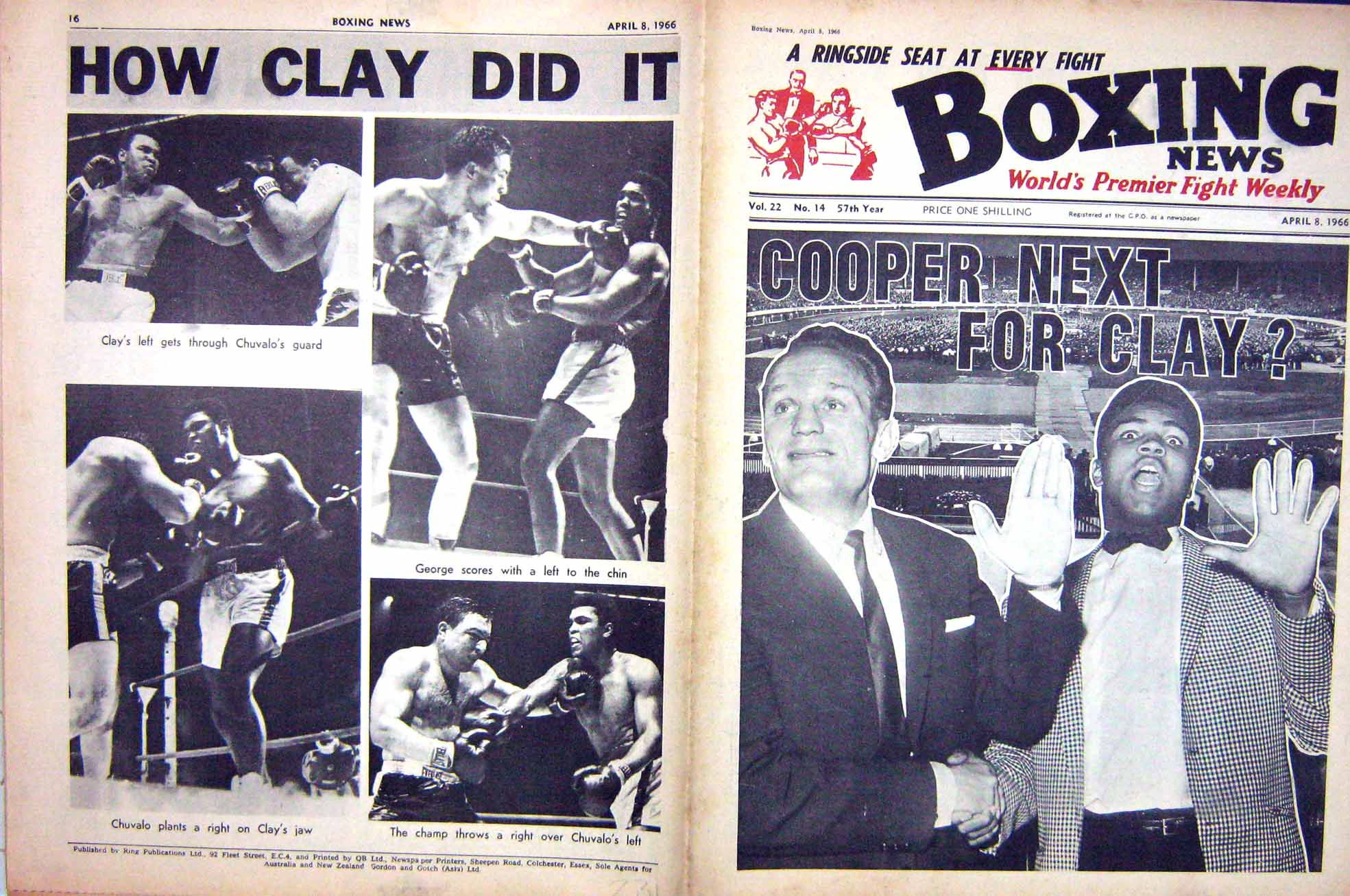 Original Old Vintage Print Boxing Henry Cooper Clay 1966 Chuvali Keery Saddler