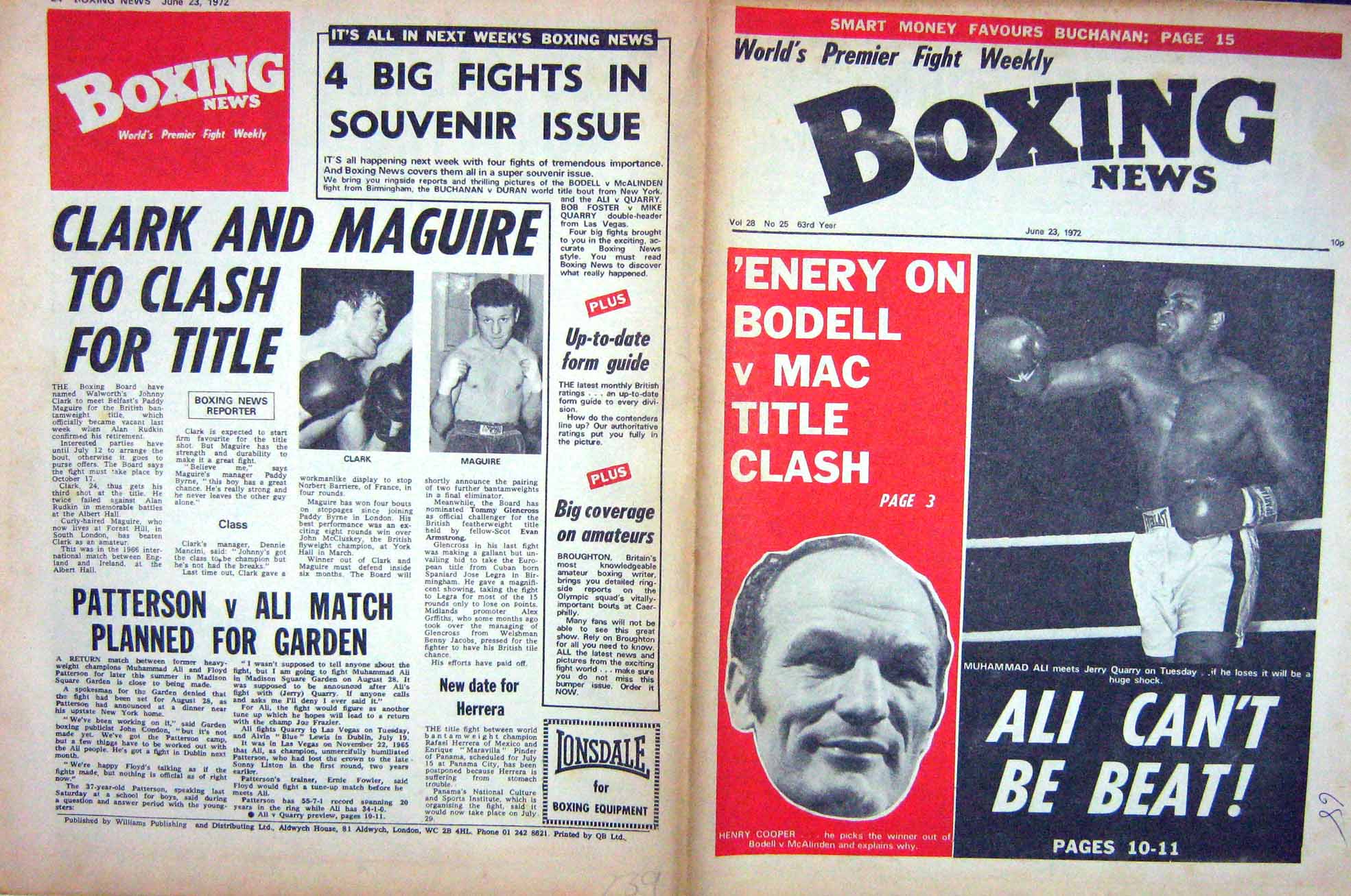 Antique Old Print Boxing 1972 Henry Cooper Ali Clark Maguire Tiger Carter 20th