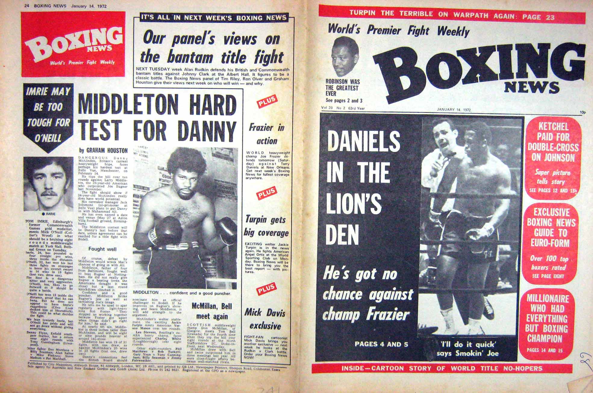 Antique Old Print Boxing 1972 Joe Frazier Middleton Imrie Ketchel Johnson 20th