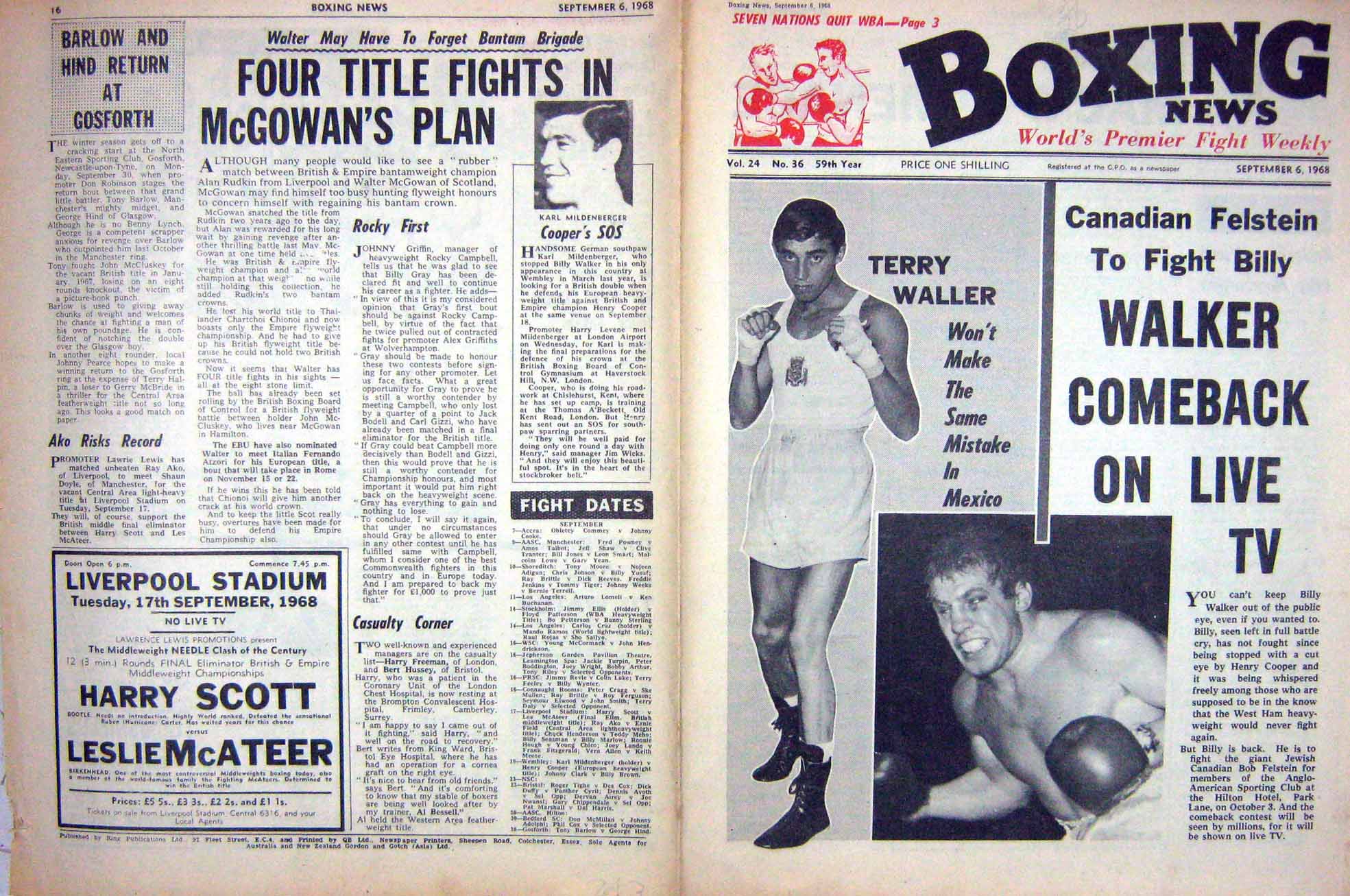 Old Vintage Print Boxing 1968 Terry Waller Walker Mildenberger Mctigue 20th