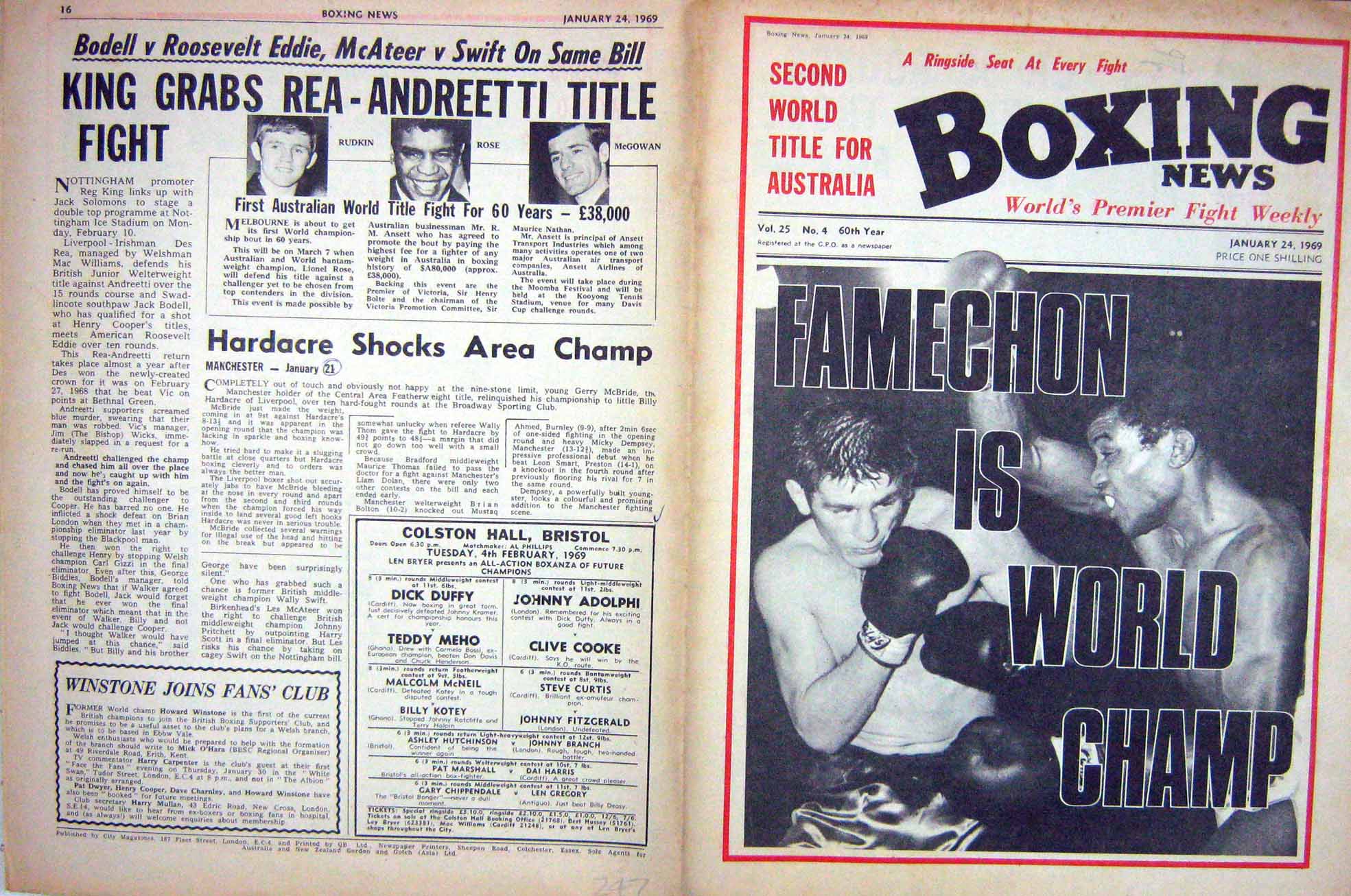 Old Vintage Print Boxing 1969 Famechon Rudkin Rose Mcgowan Legra Charles 20th
