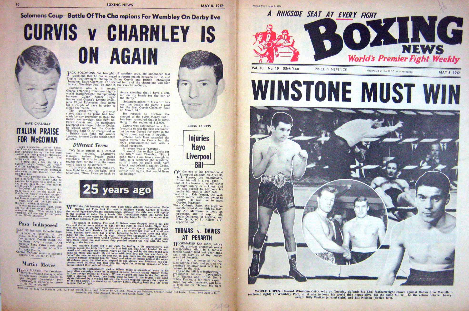 Old Vintage Print Boxing 1964 Winstone Mastellaro Curvis Charnley Walker 20th
