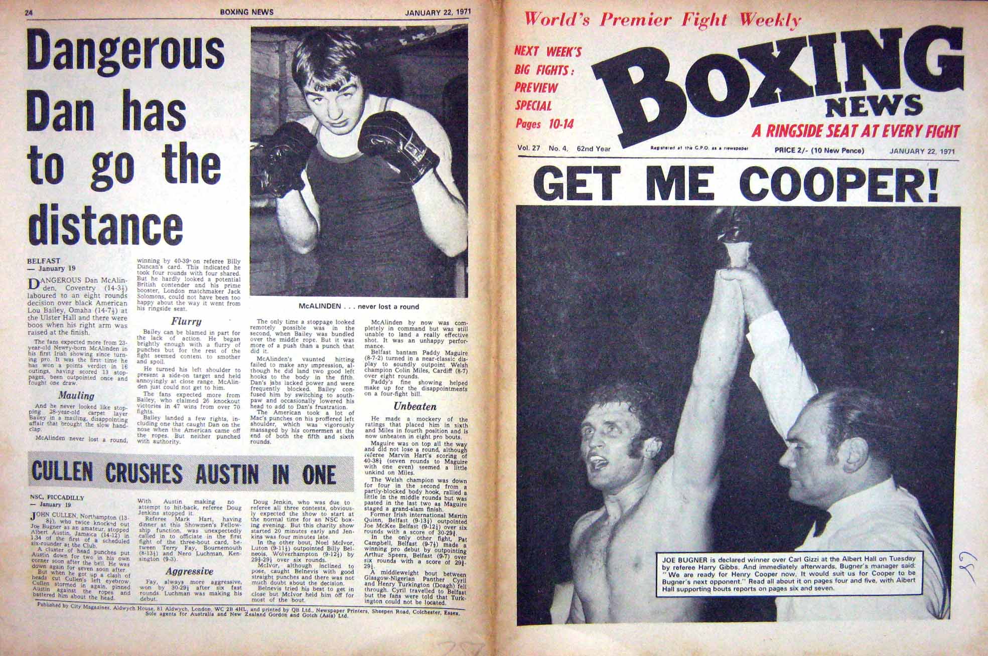 Old Vintage Print Boxing 1971 Bugner Gizzi Gibbs Mcalinden Legra Revie 20th