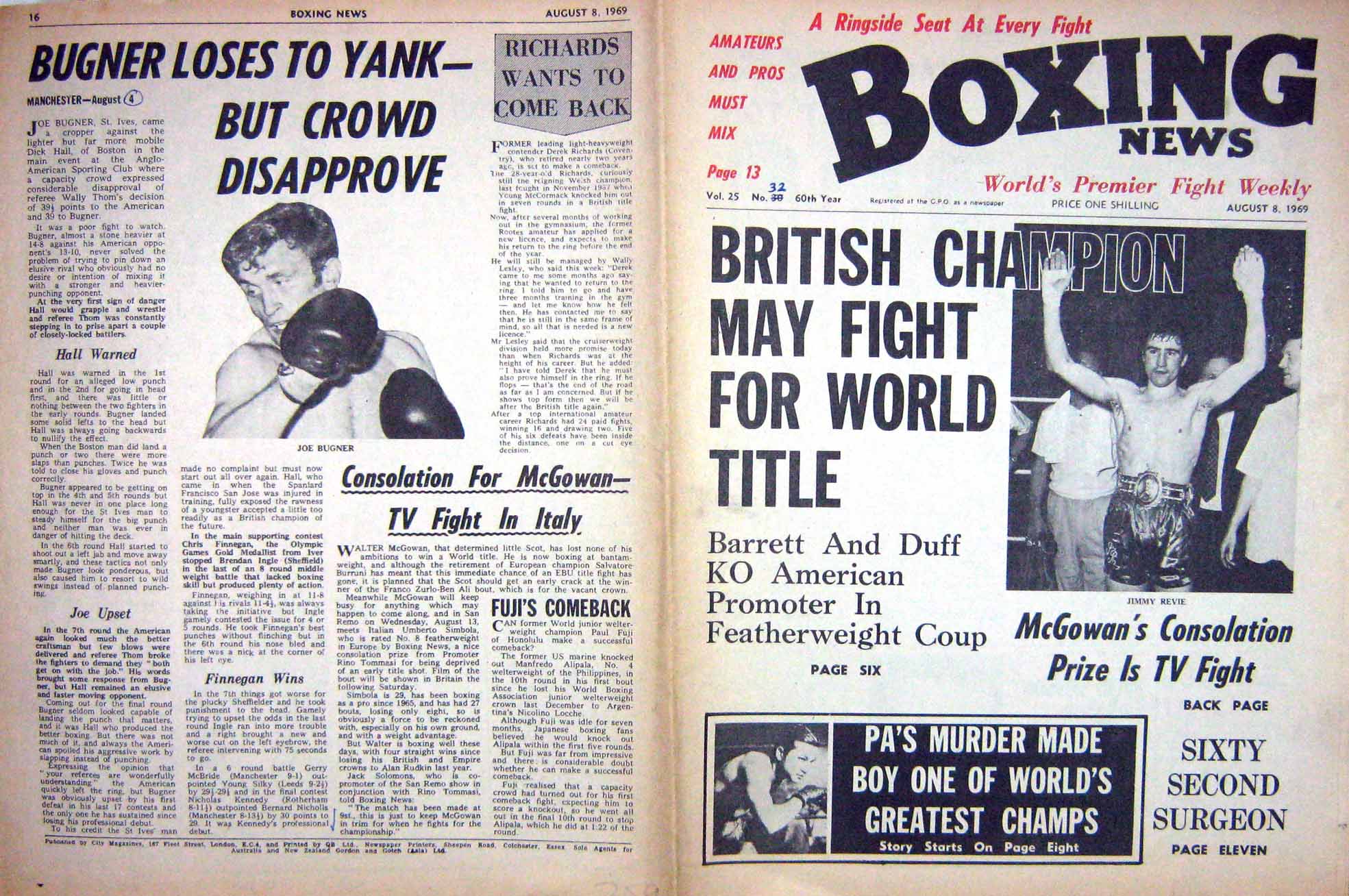 Old Vintage Print Boxing 1969 Revie Bugner Barney Ross Canzoneri Klick 20th