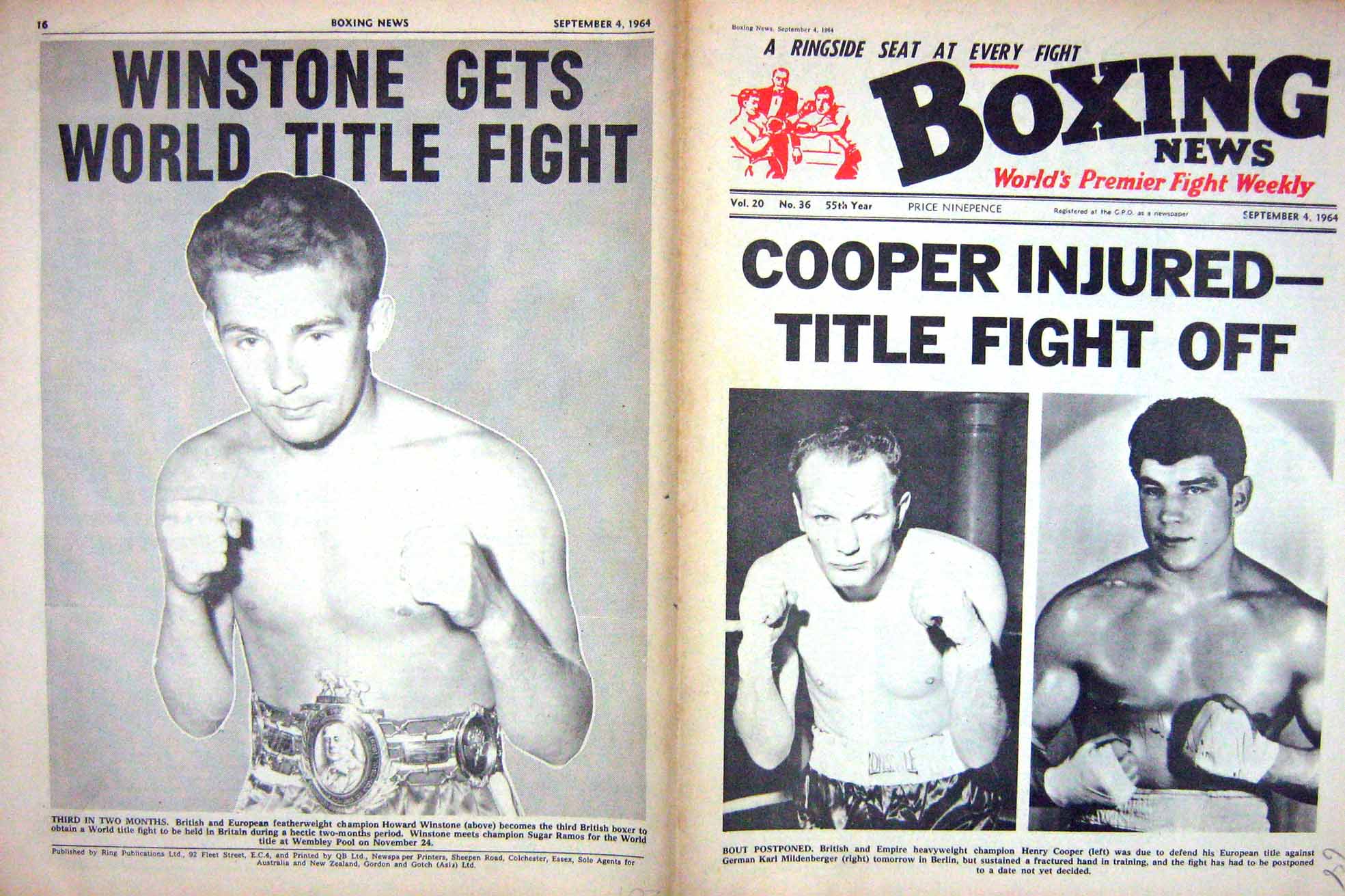 Old Vintage Print Boxing Cooper Mildenberger 1964 Winstone Fritzie Pete 20th