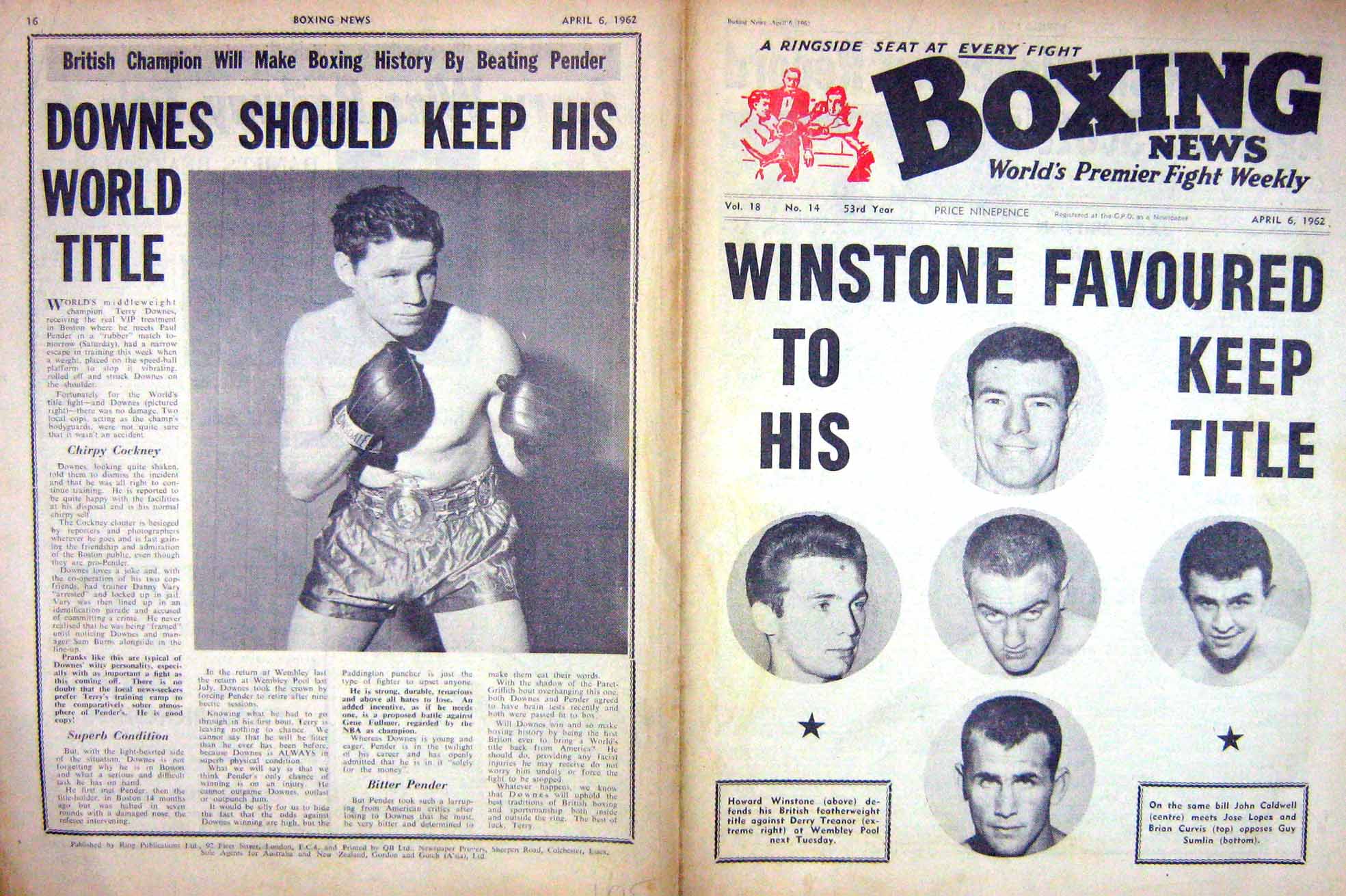 Original Old Vintage Print Boxing 1962 Winstone Caldwell Treanor Downes Curvis