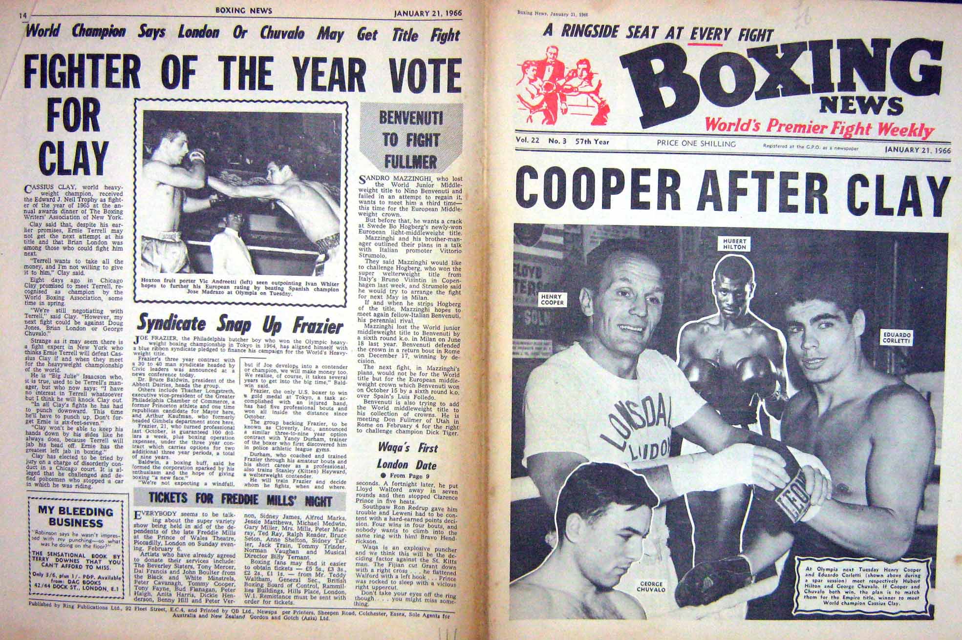 Old Vintage Print Boxing 1966 Cooper Hilton Corletti Chuvalo Andreetti 20th