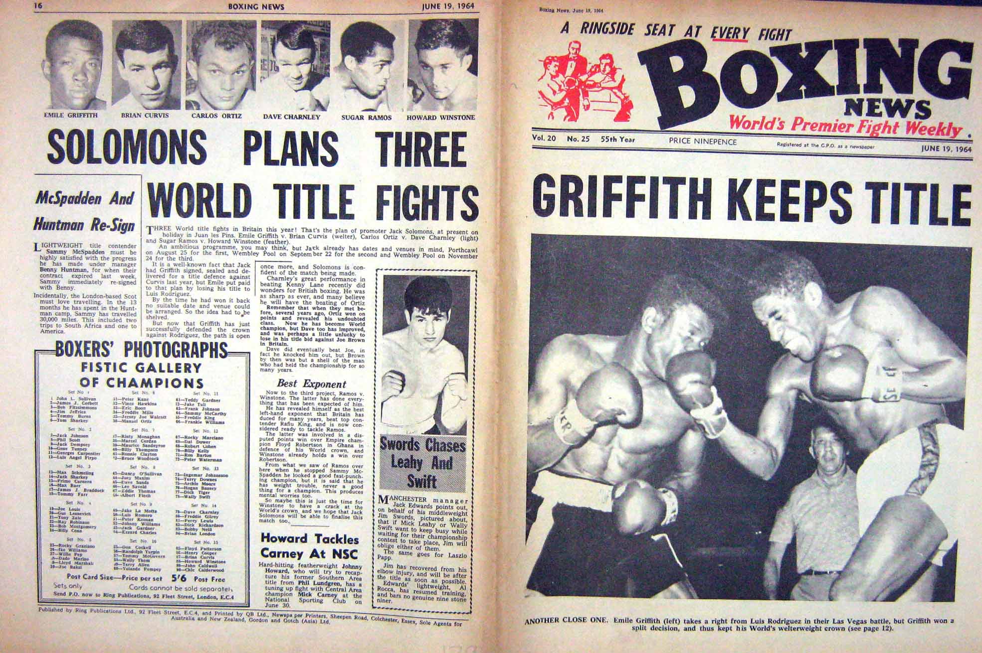 Original Old Vintage Print Boxing 1964 Griffith Rodriguez Sword Oritz Marciano