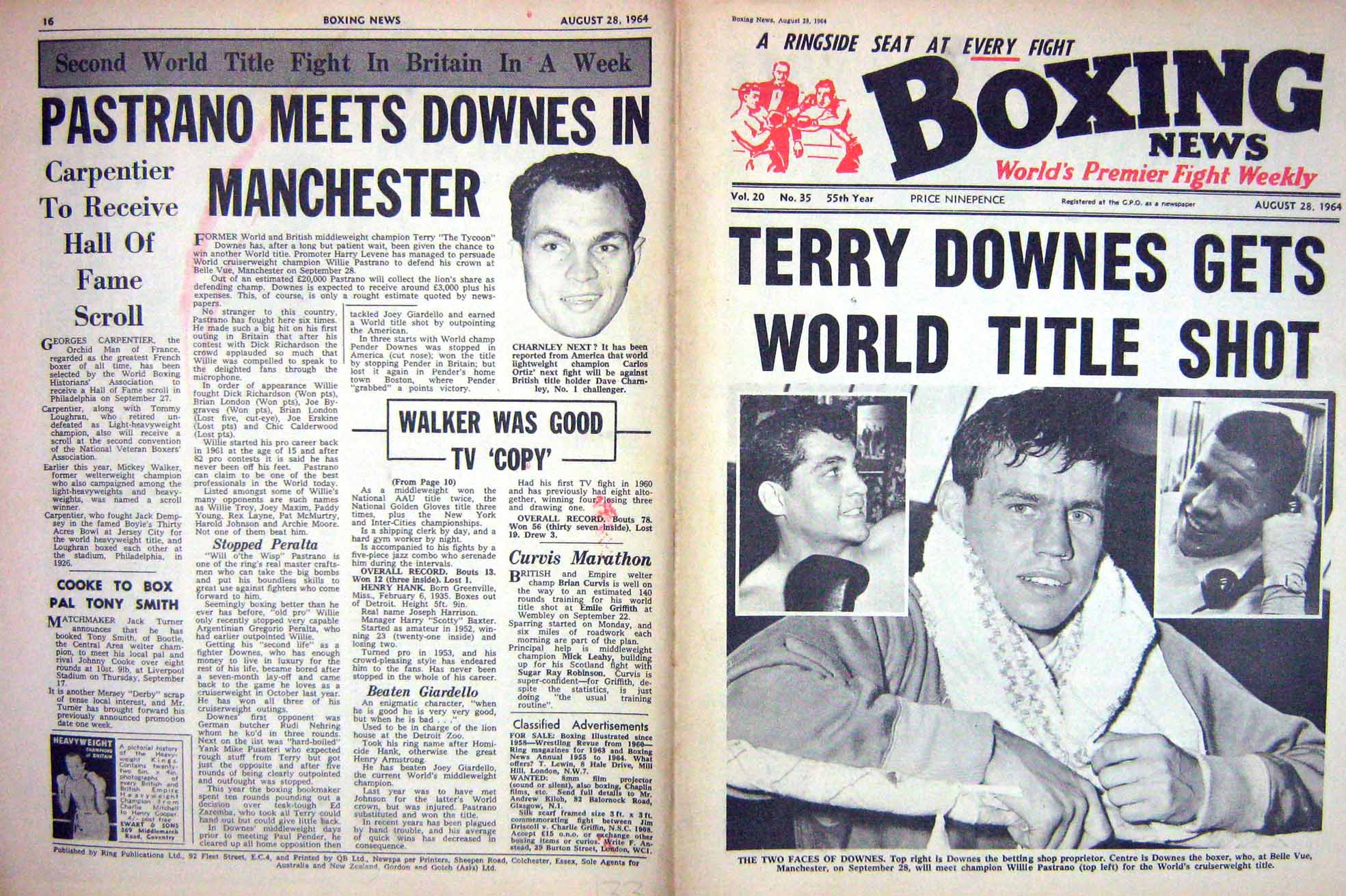 Old Vintage Print Boxing 1964 Downes Pastrano Oritz Tunney Dempsey Barry 20th