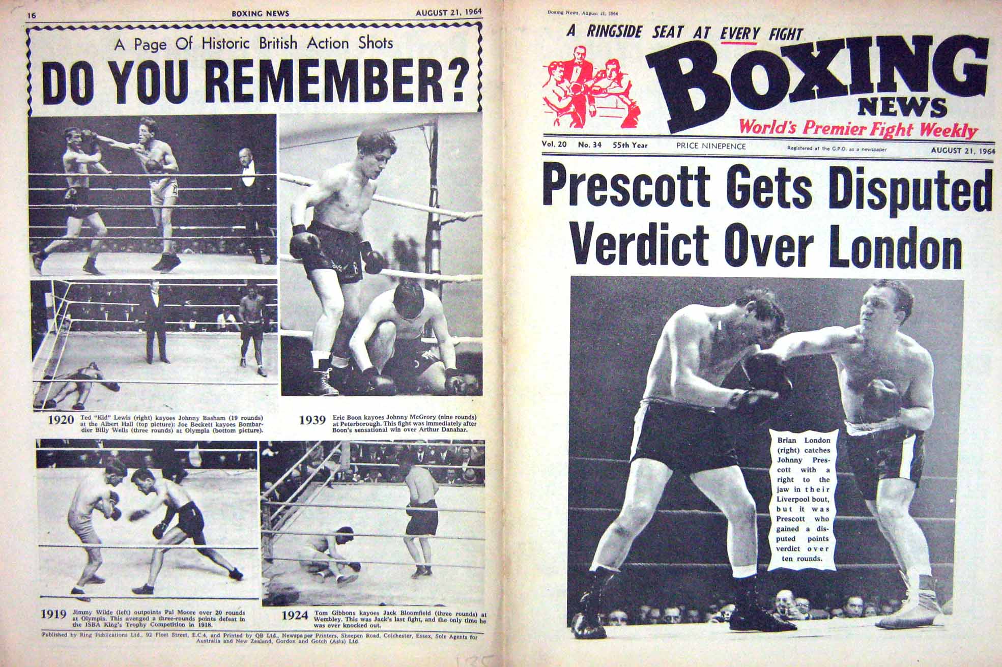 Old Vintage Print Boxing 1964 Prescott London Lewis Wilde Boon Canzoneri 20th