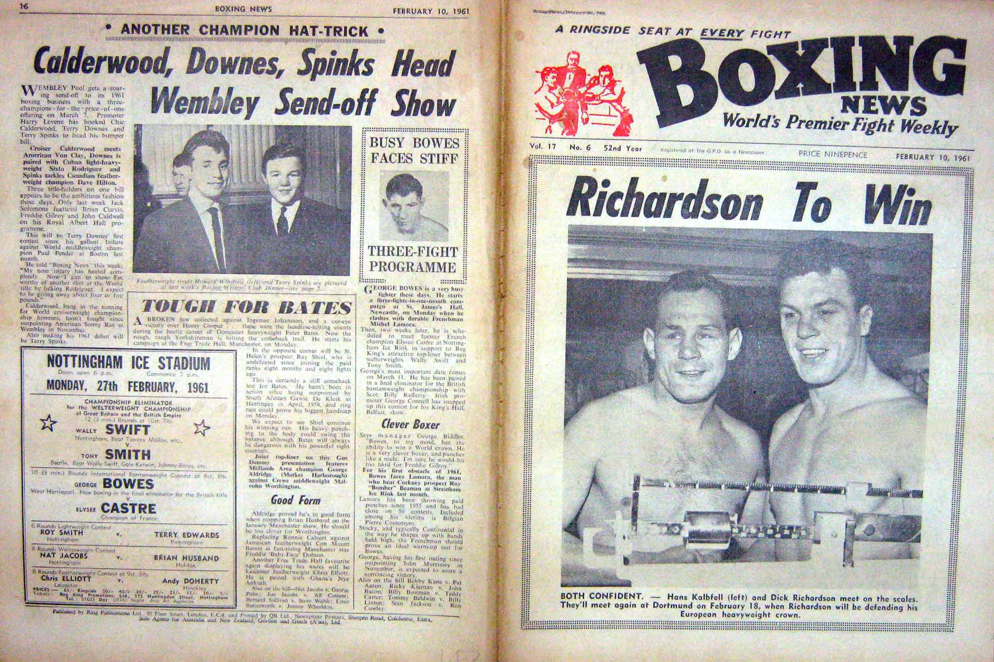 Old Vintage Print Boxing 1961 Kalbfell Richardson Winstone Spinks Curvis 20th