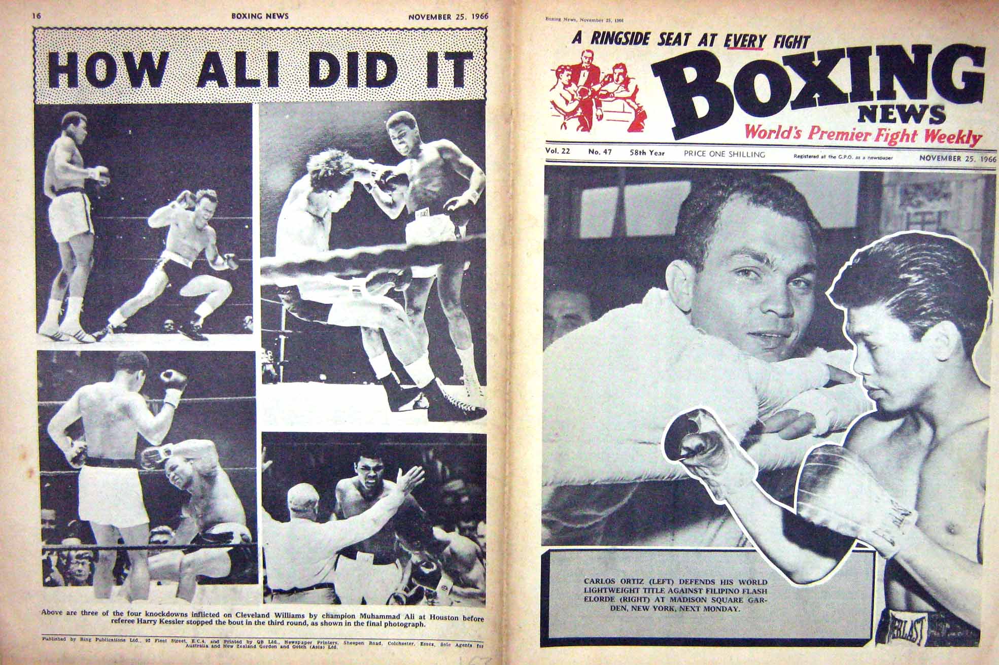 Old Vintage Print Boxing 1966 Oritz Elorde Williams Muhammad Ali Howard 20th