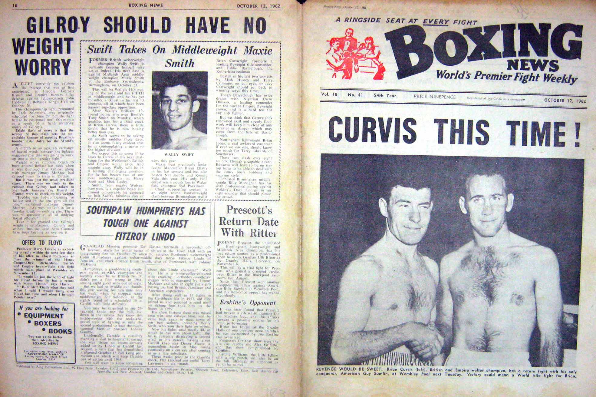 Old Vintage Print Boxing 1962 Curvis Sumlin Swift Mcgowan Libeer Dupas 20th