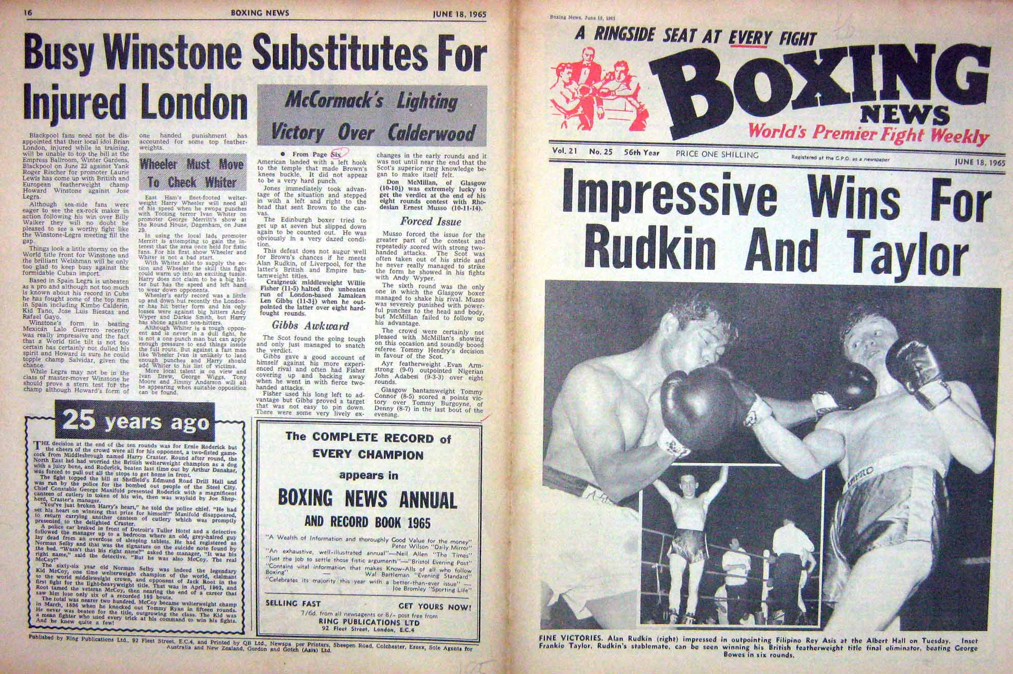 Original Old Vintage Print Boxing 1965 Alan Rudkin Taylor Winstone Bowes Asis