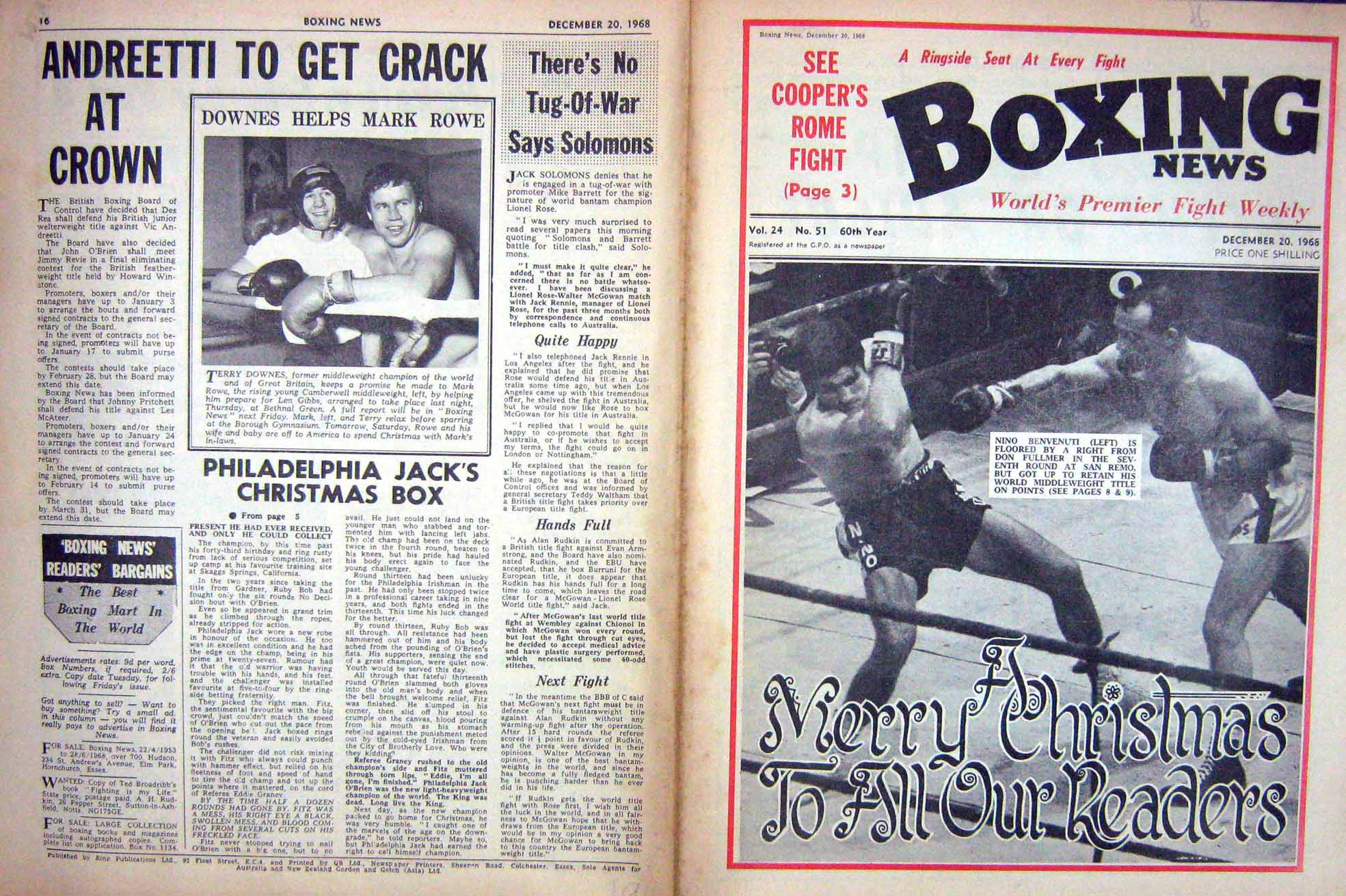 Original Old Vintage Print Boxing 1968 Benvenuti Fullmer Downes Jess Williard