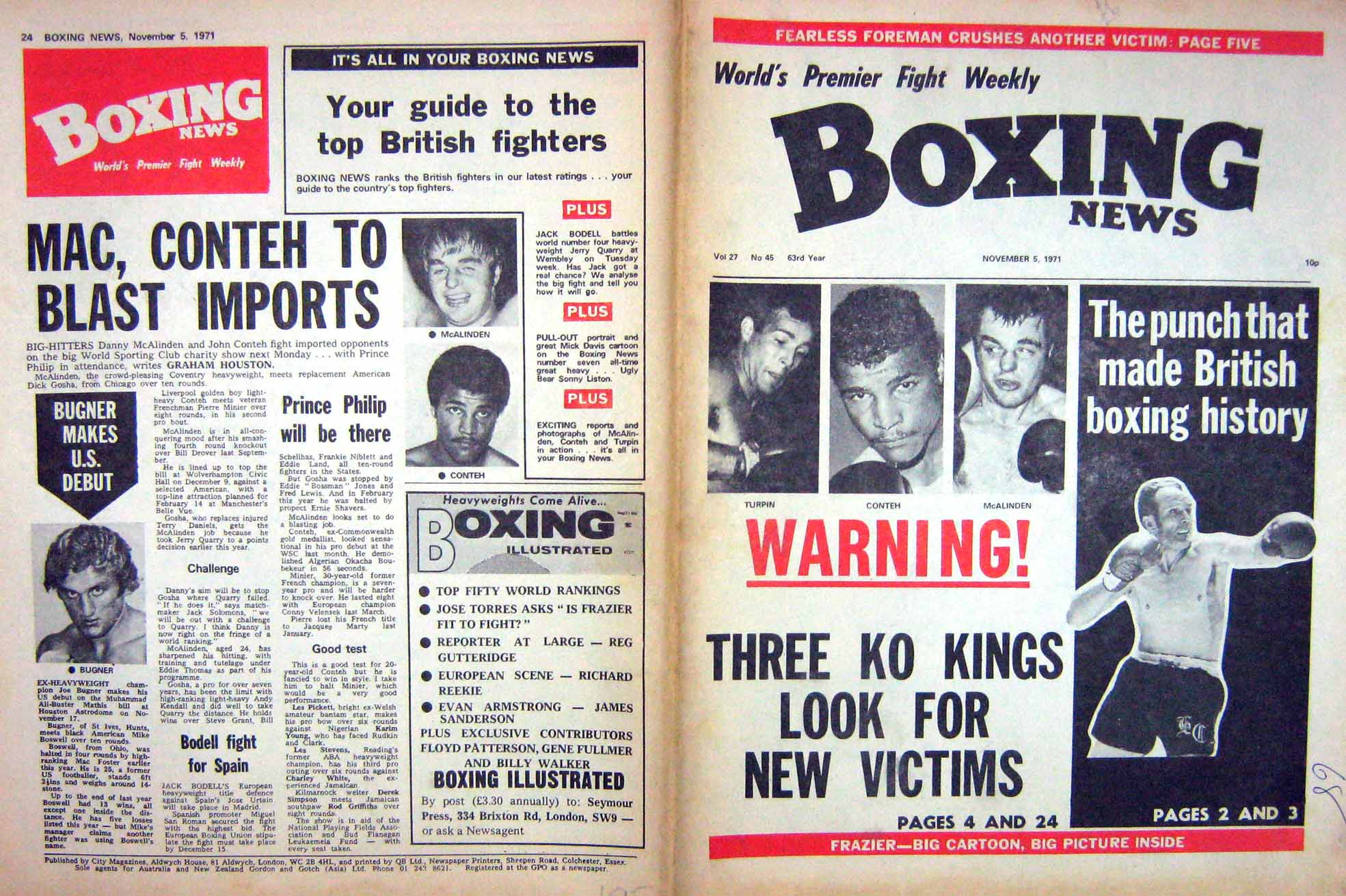Old Vintage Print Boxing 1971 Turpin Conteh Mcalinden Bugner Joe Frazier 20th