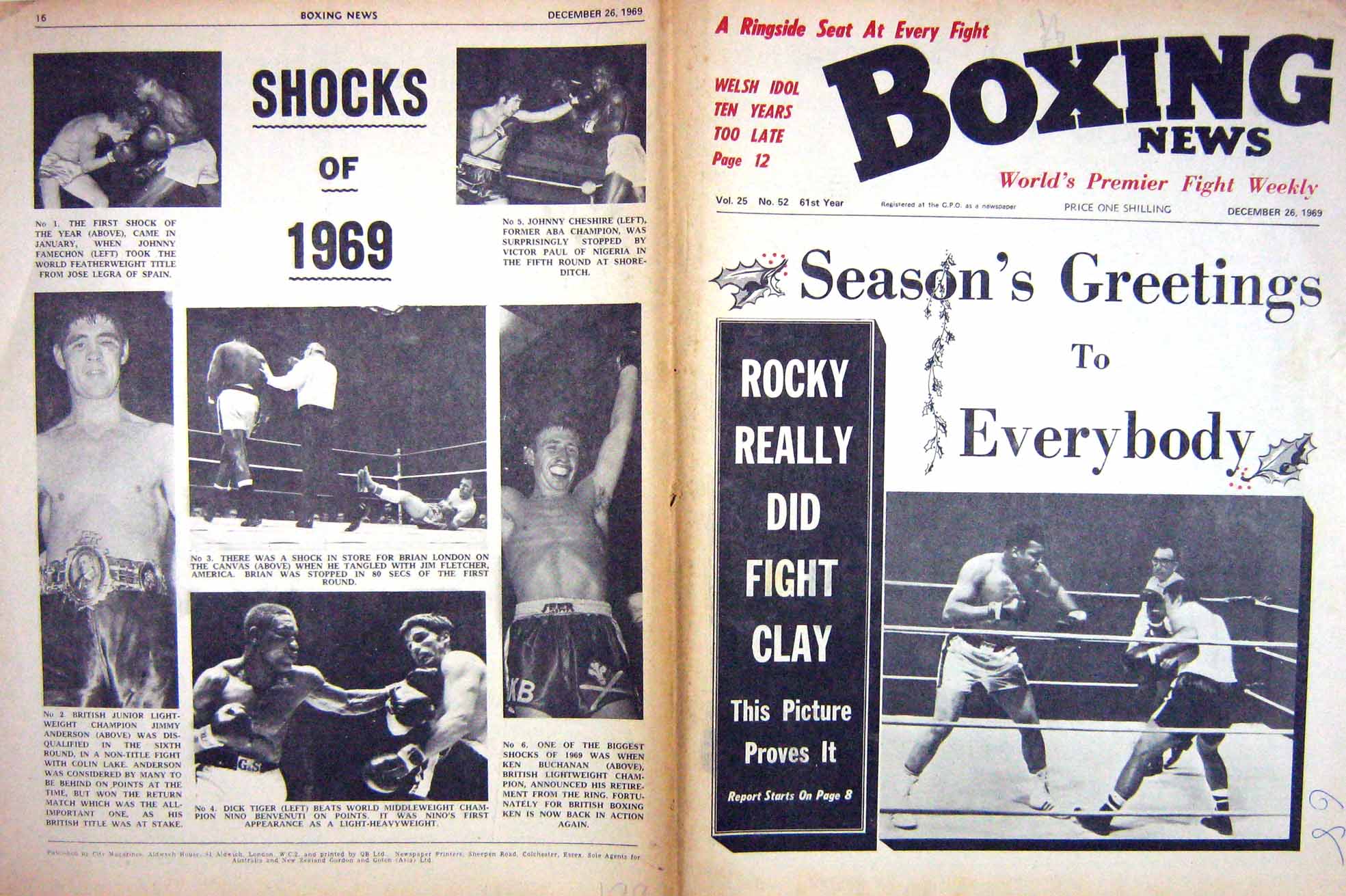 Old Vintage Print Boxing 1969 Rocky Clay Famechon Tiger Cheshire Woroner 20th