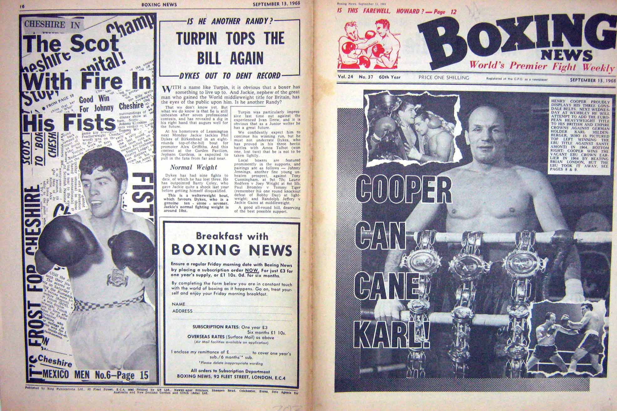 Original Old Vintage Print Boxing 1968 Henry Cooper Hubert Hilton Mildenberger