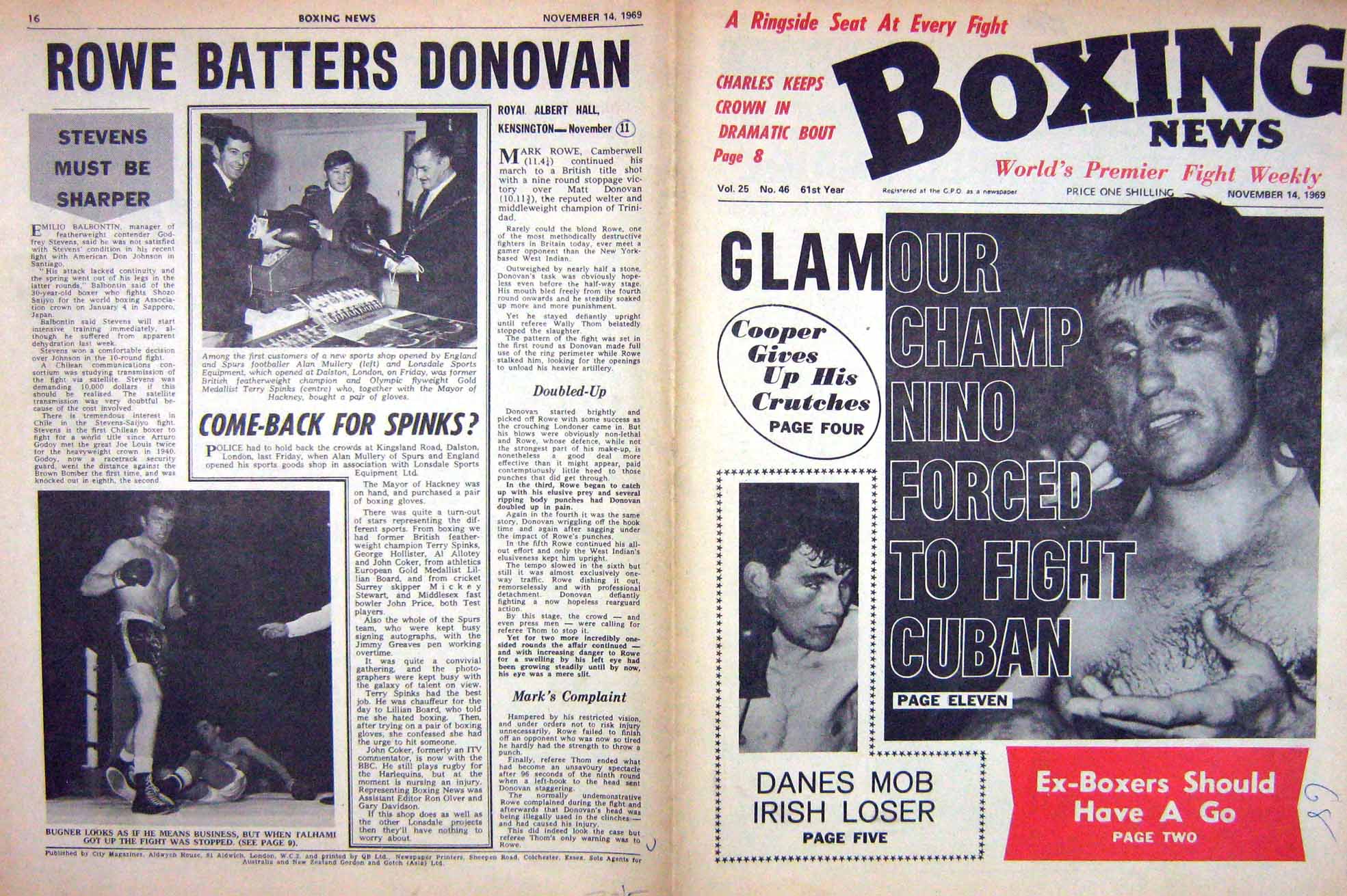 Antique Old Print Boxing 1969 Cooper Bugner Spinks Mullery Famechon Gibbs 20th