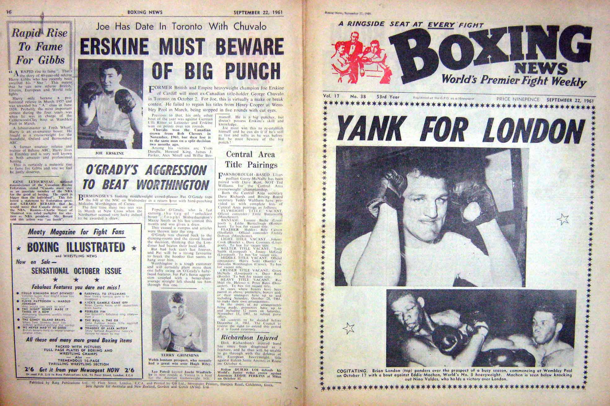 Antique Old Print Boxing 1961 London Machen Erskine Grimmins Curvis Leahy 20th