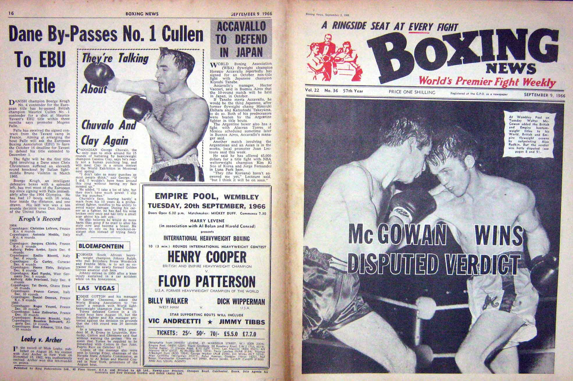 Original Old Vintage Print Boxing 1966 Mcgowan Rudkin Chuvalo Winstone De Keer