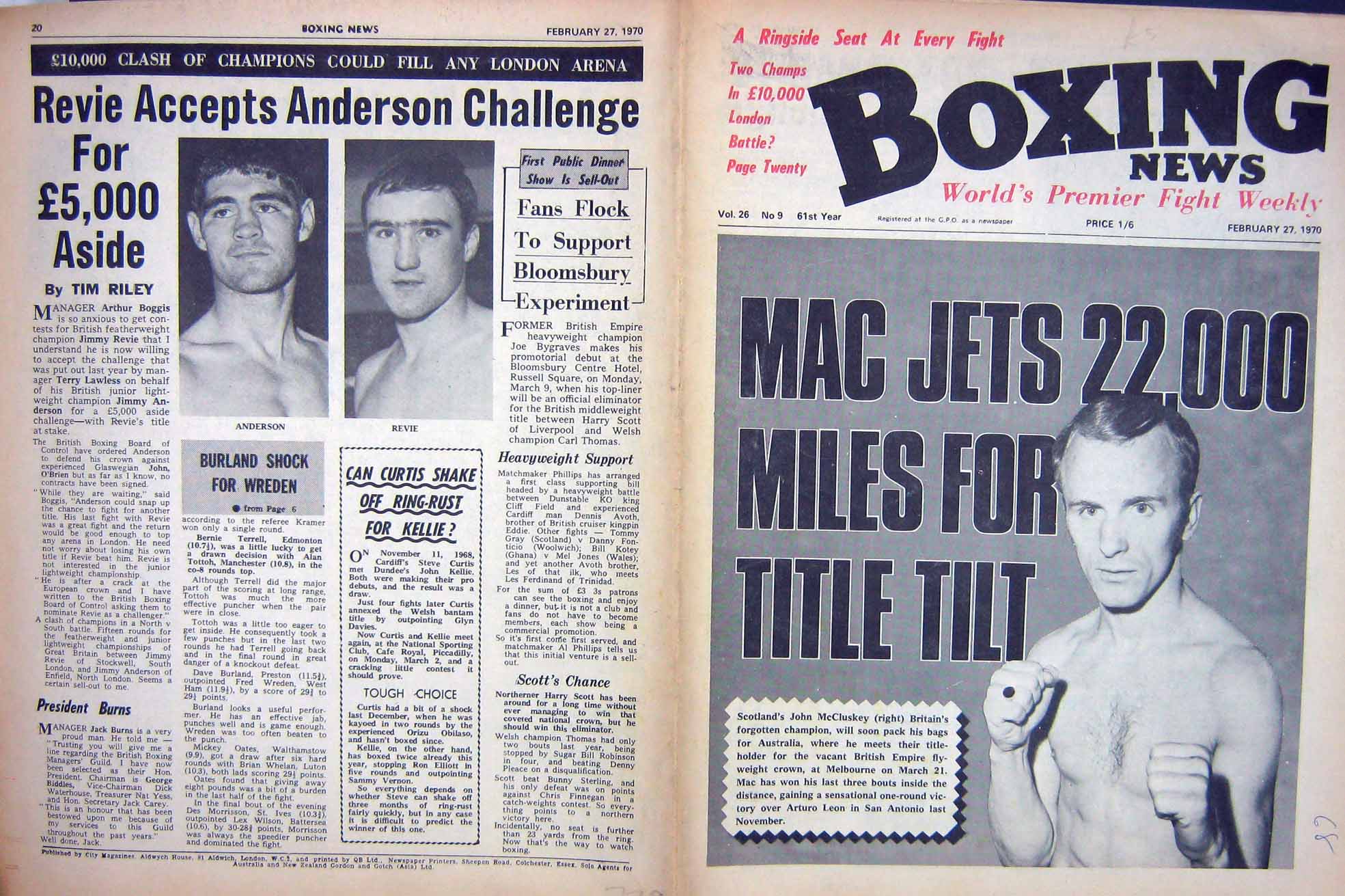 Original Old Vintage Print Boxing 1970 Mccluskey Anderson Revie Frazier Ellis