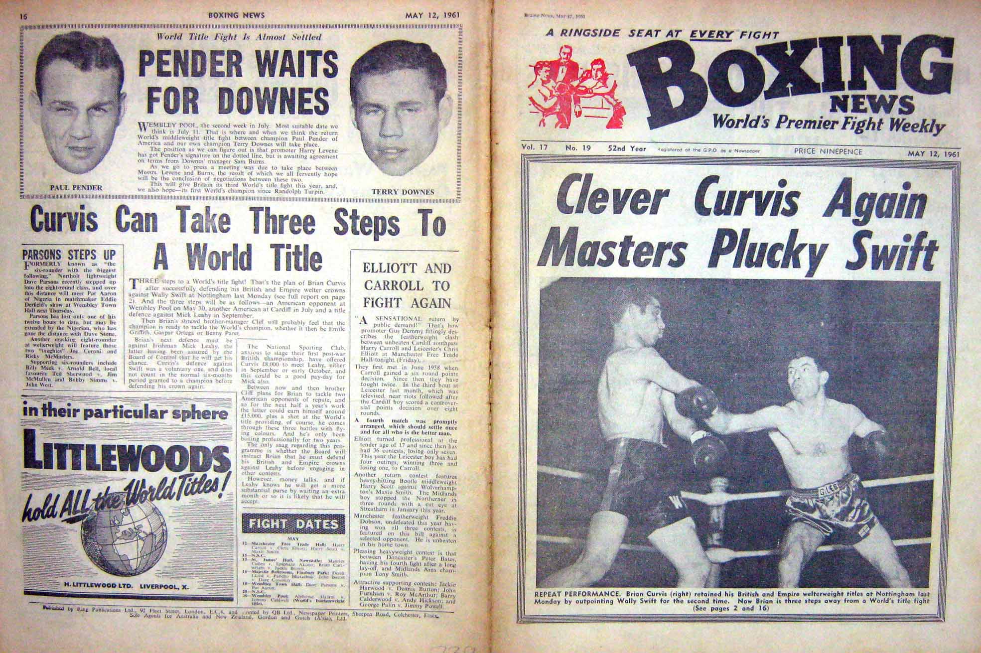 Old Vintage Print Boxing 1961 Curvis Swift Pender Downes Fullmer Basilio 20th