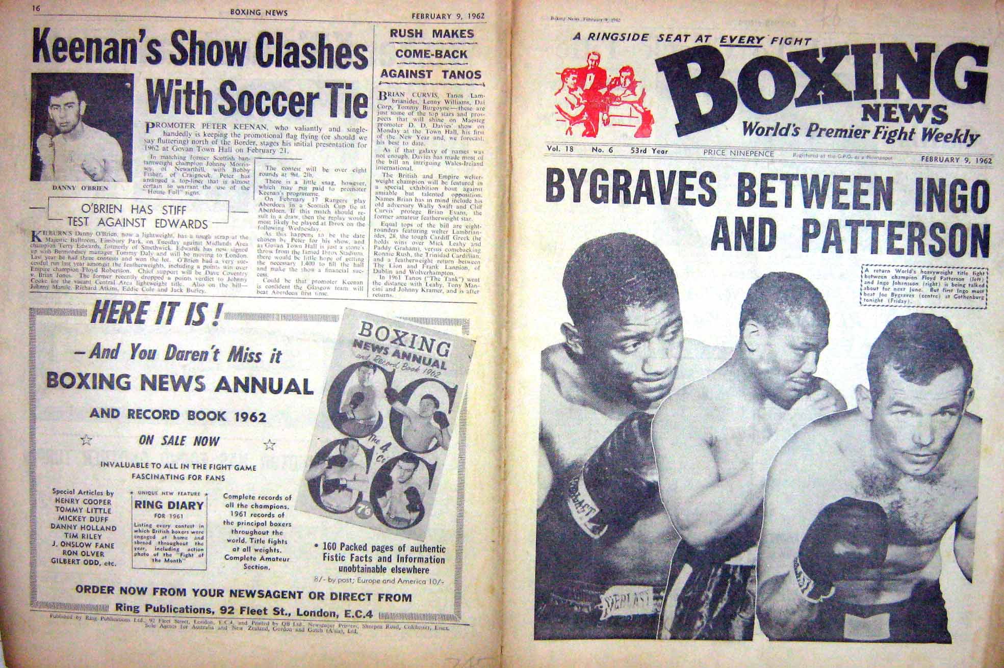 Original Old Vintage Print Boxing 1962 Bygraves Ingo Patterson O'Brien Cooper