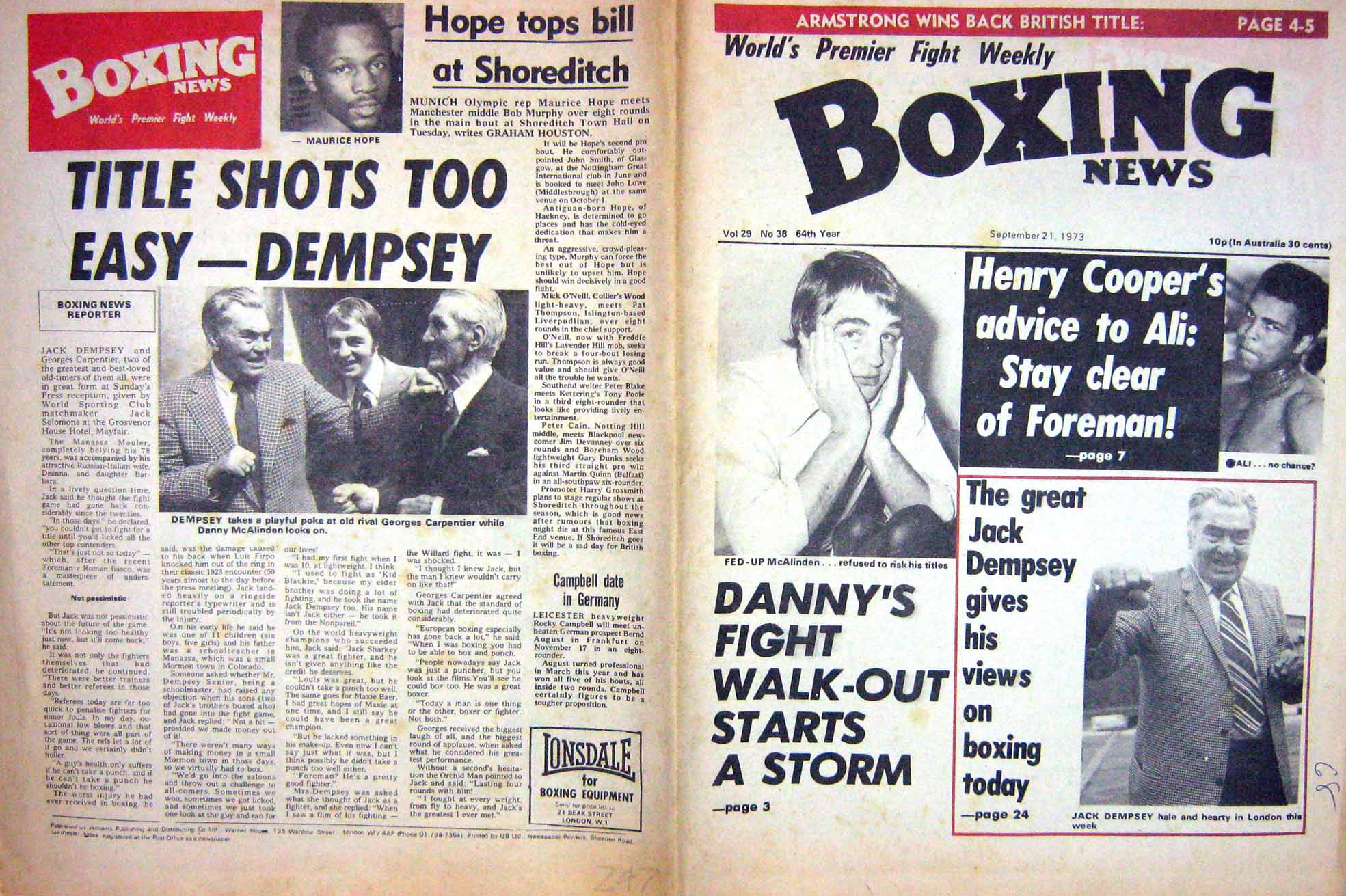 Old Vintage Print Boxing 1973 Dempsey Ali Mcalinden Carpenter Calderwood 20th