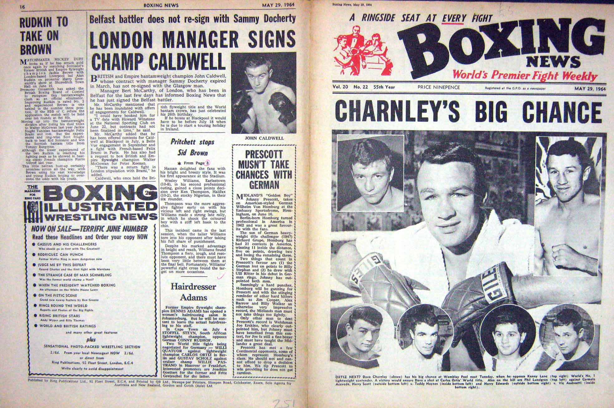 Old Vintage Print Boxing 1964 Ortiz Charnley Lane Scott Caldwell Pickard 20th