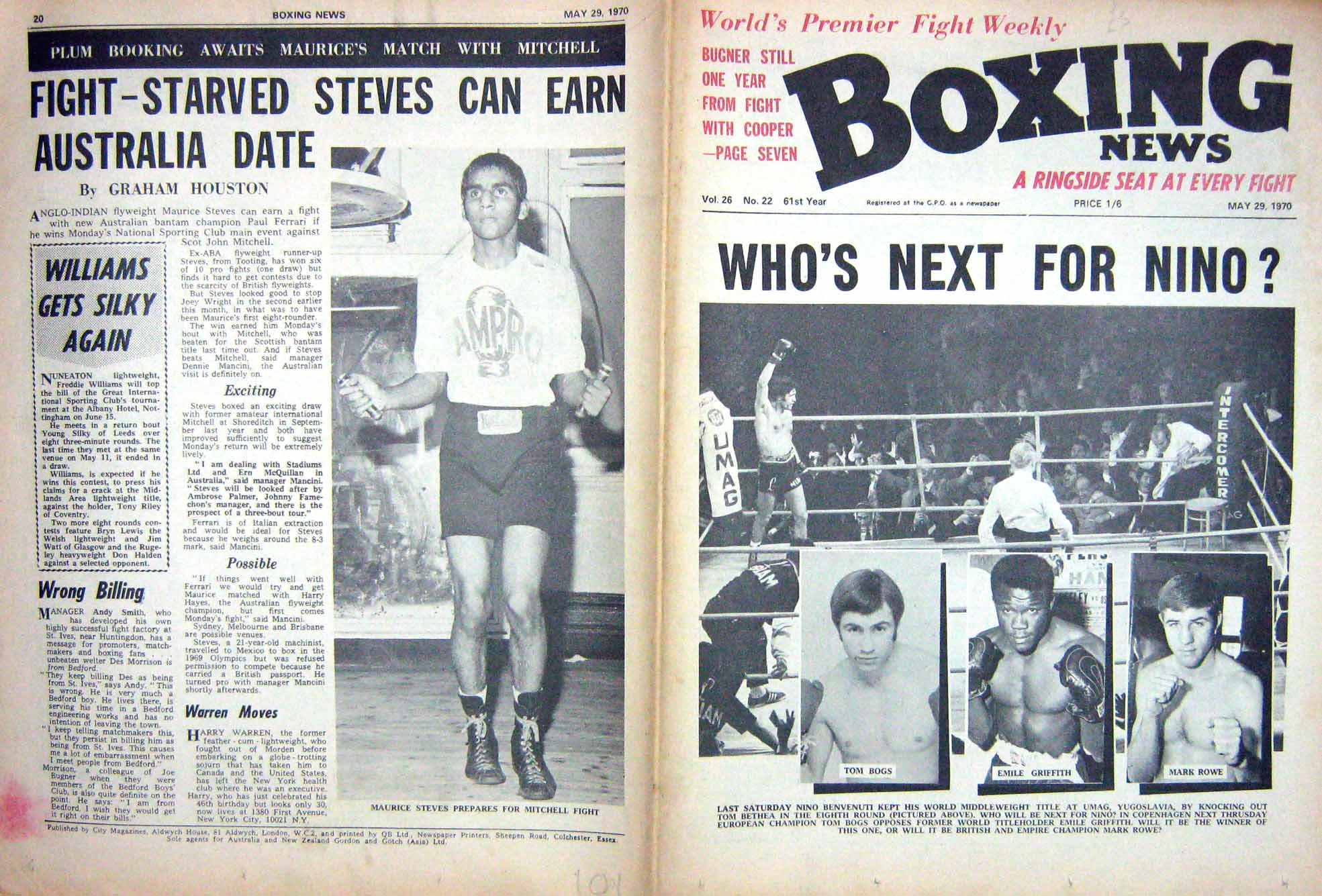 Old Vintage Print Boxing 1970 Bogs Rowe Griffith Steves Stillman Graham 20th