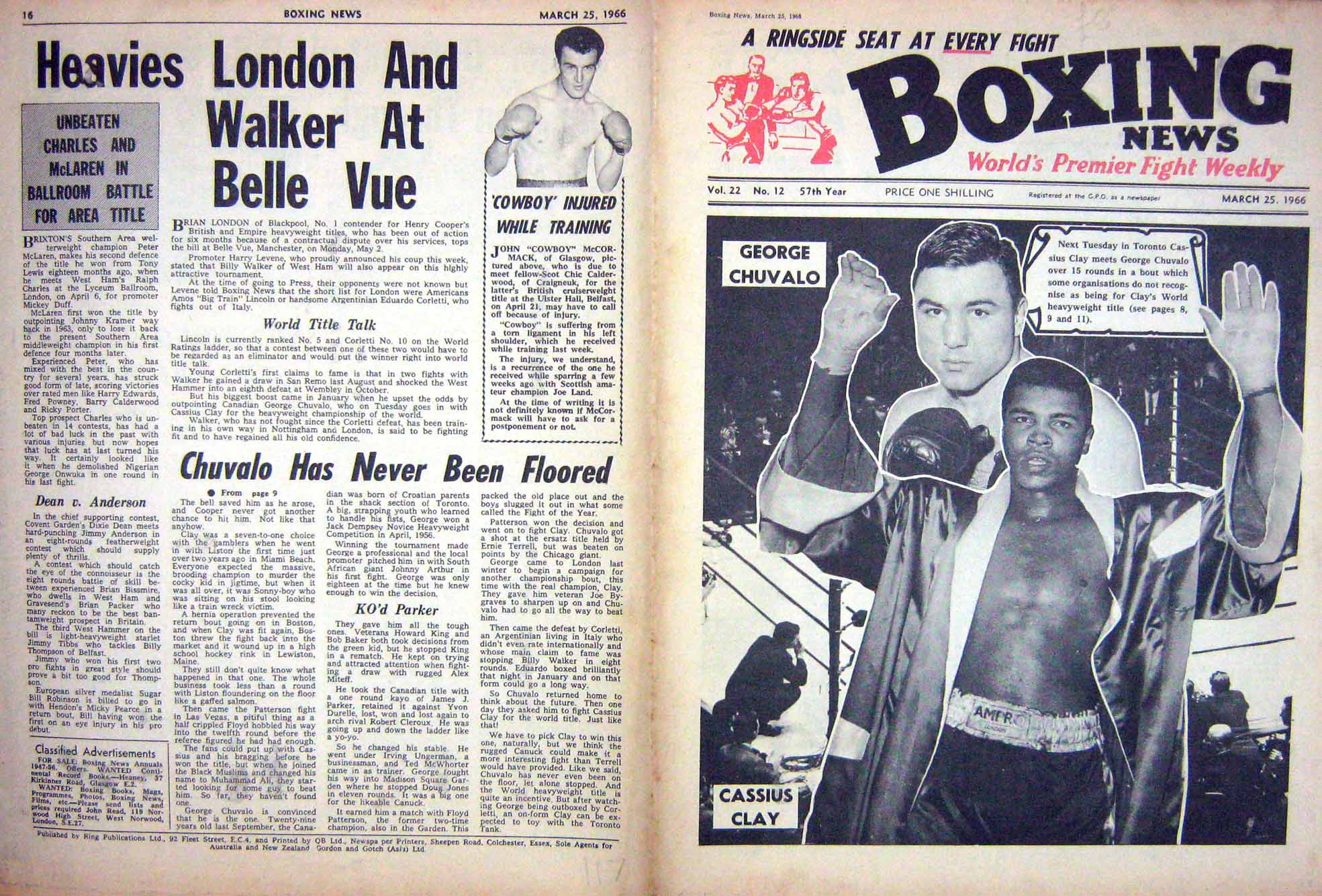 Antique Old Print Boxing 1966 Cassius Clay Chuvalo Cowboy Patterson Jones 20th
