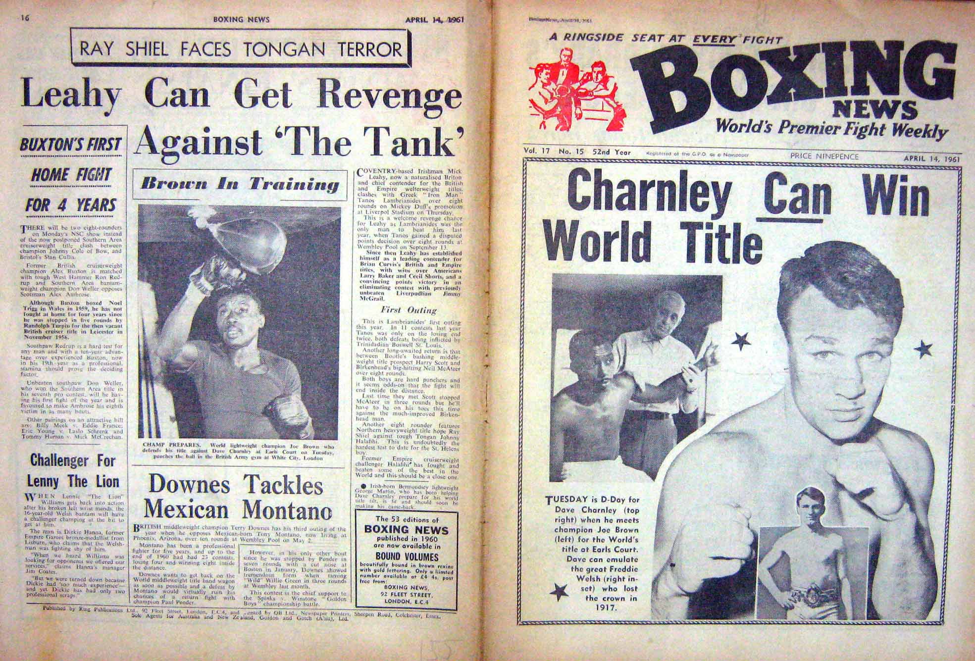 Old Vintage Print Boxing 1961 Charnley Brown Turpin Field Davis Lundgren 20th