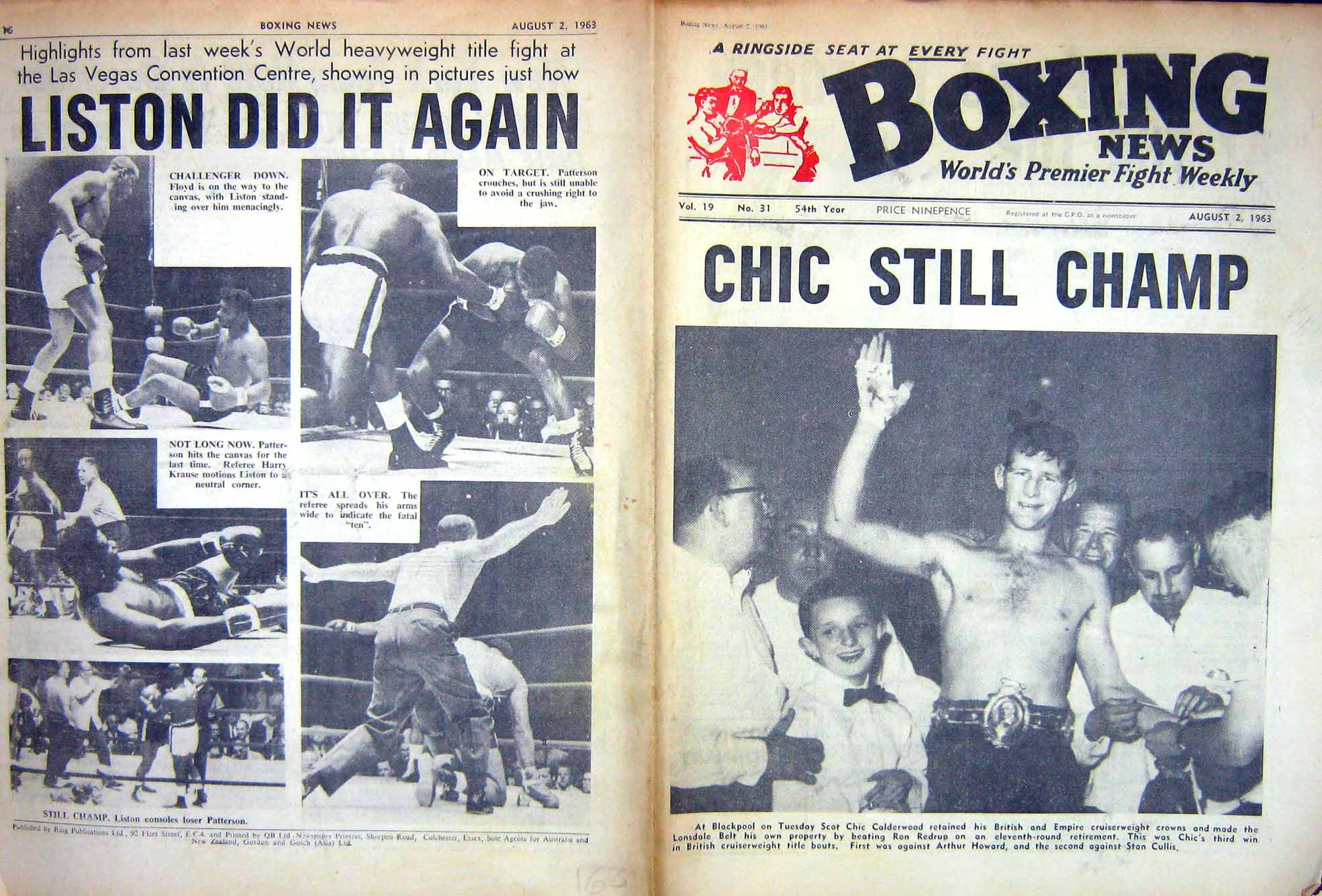 Old Vintage Print Boxing 1963 Calderwood Redrup Cullis Liston Patterson 20th