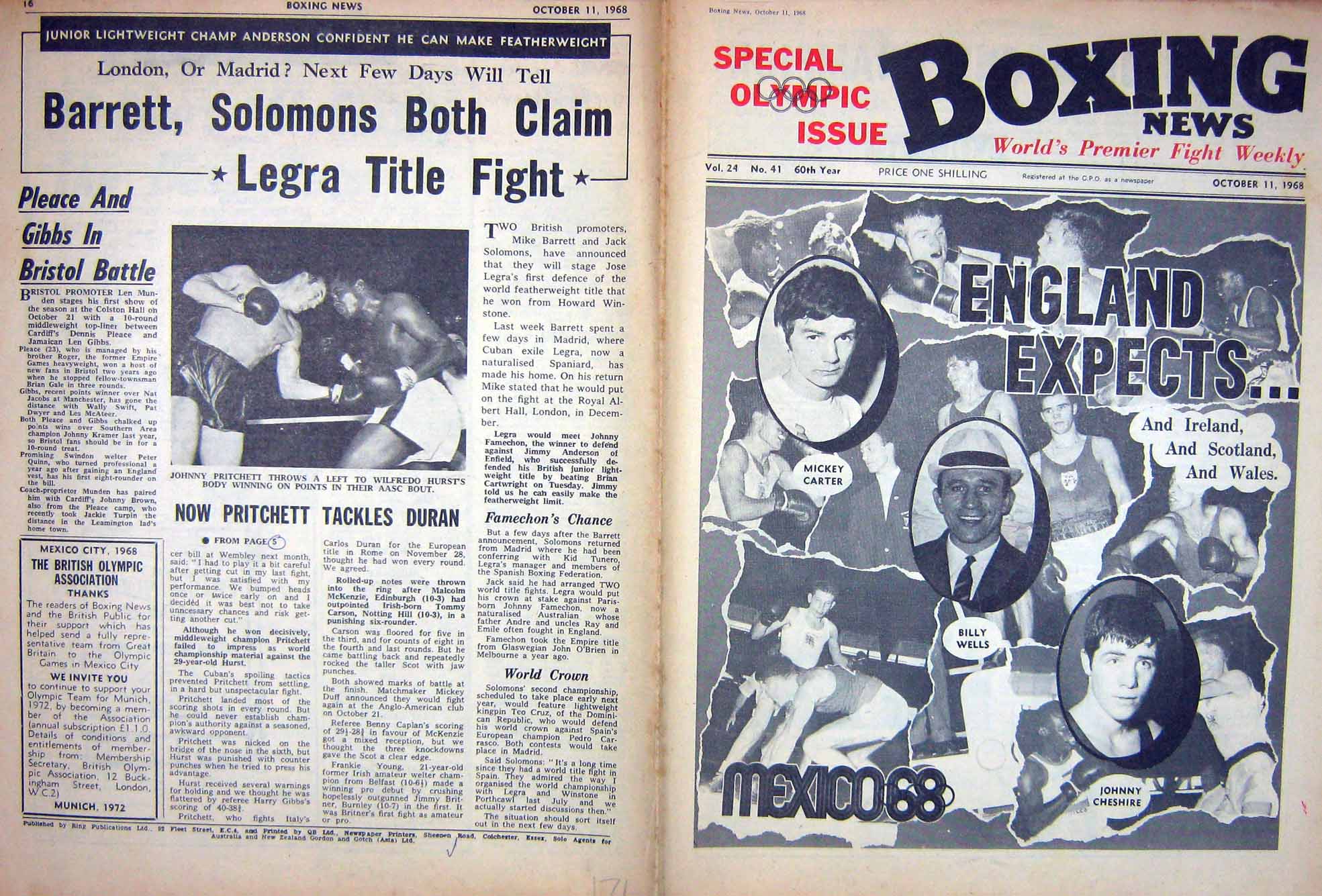 Original Old Vintage Print Boxing 1968 Cheshire Wells Carter Pritchett Hurst