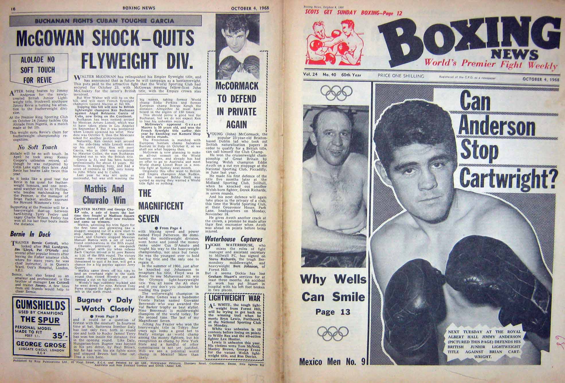 Old Vintage Print Boxing 1968 Wells Anderson Cartwright Mccormack Karim 20th