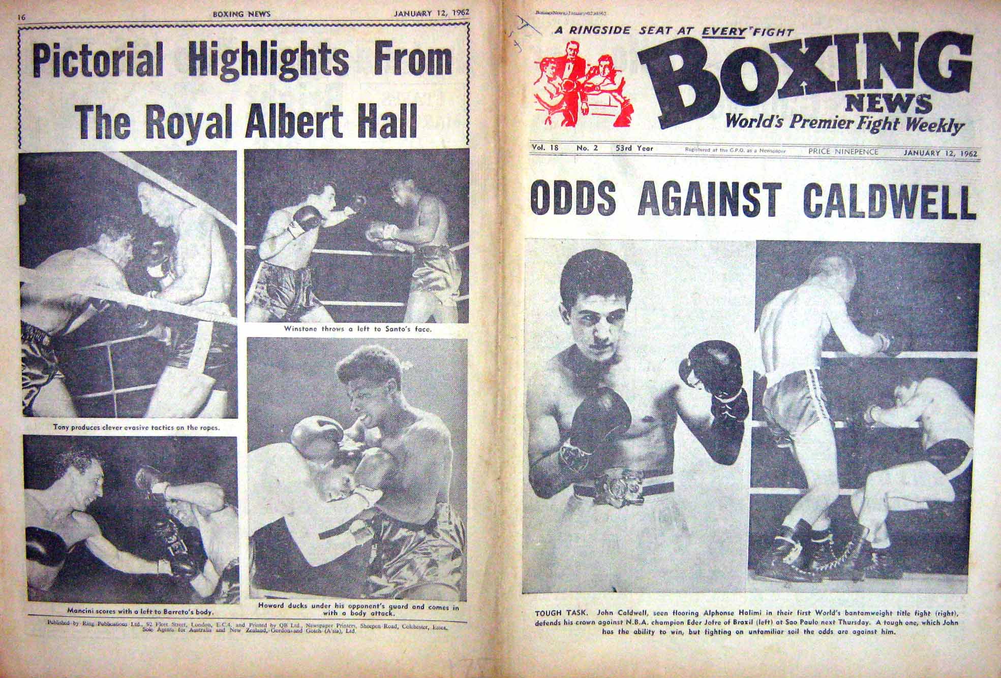 Original Old Vintage Print Boxing 1962 Caldwell Halimi Jofre Winstone Calvert