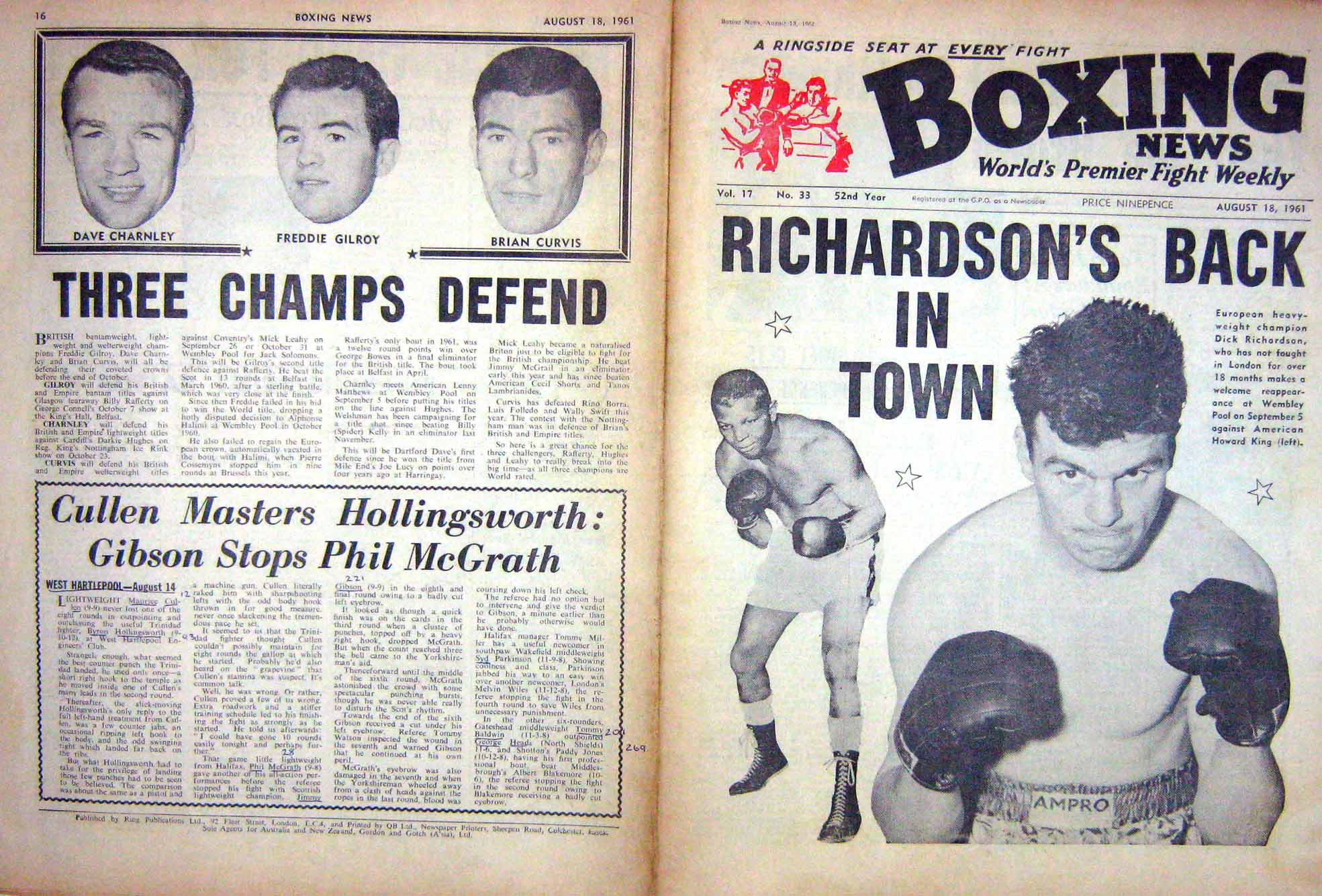 Original Old Vintage Print Boxing 1961 Richardson King Charnley Gilroy Curvis