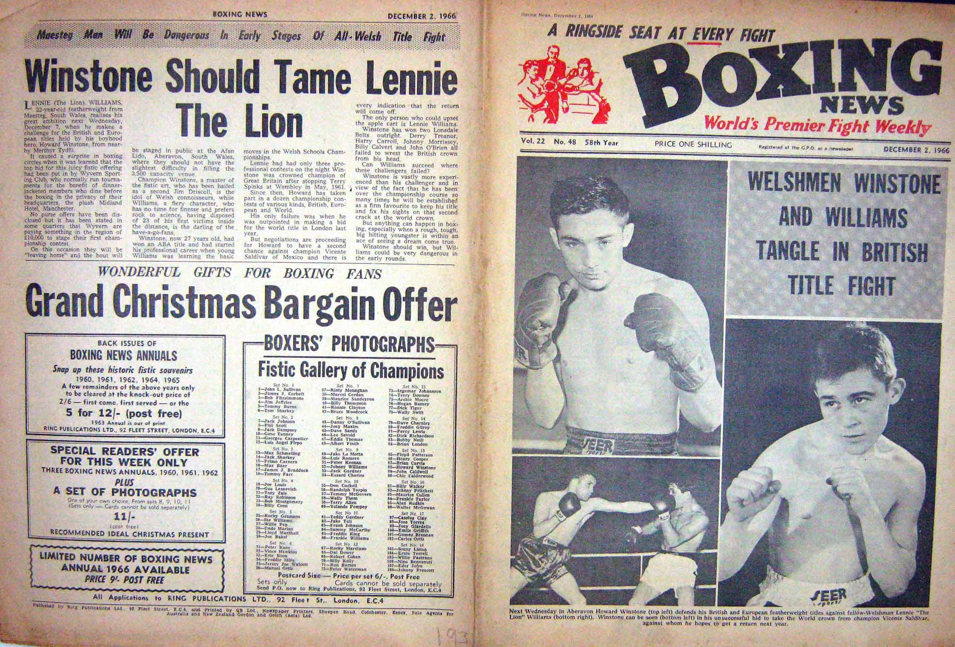 Antique Old Print Boxing 1966 Winstone Williams Saldivar Walker Patterson 20th