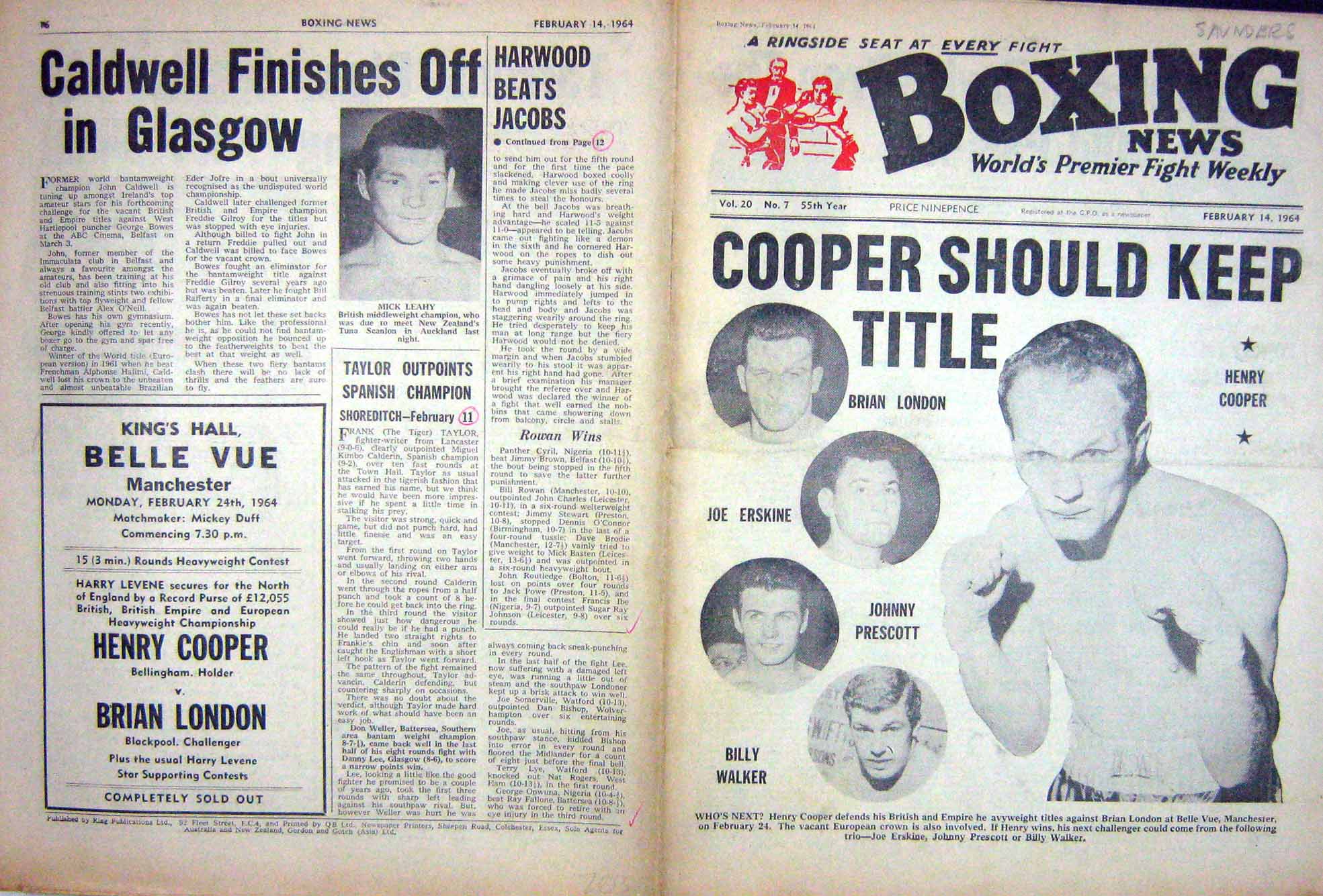 Old Vintage Print Boxing 1964 Cooper London Erskine Prescott Liston Clay 20th